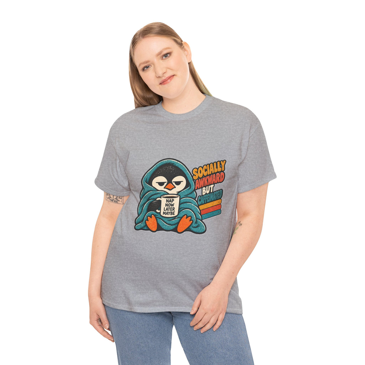 Socially Awkward But Caffeinated Penguin T-Shirt – Funny Introvert Coffee Tee