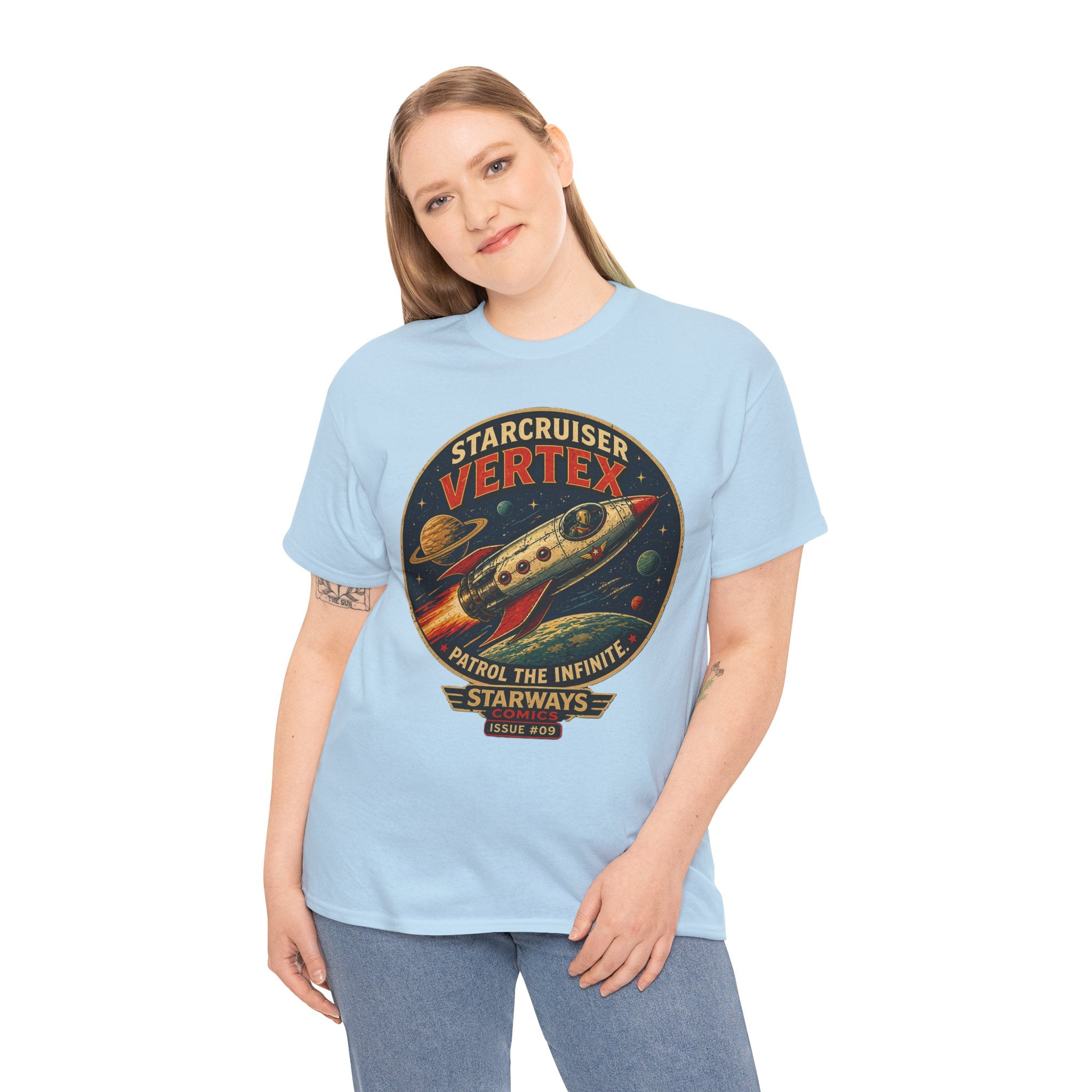 Starcruiser Vertex T-Shirt | Retro Sci-Fi Rocket Ship Graphic Tee | Vintage Space Comic Pilot Shirt | Starways Comics Issue 9