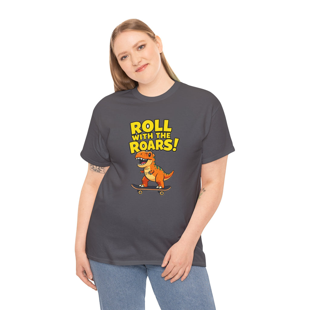 Roll With the Roars T-Shirt – Funny T-Rex Skateboard Cartoon Dinosaur | Dino Skater Graphic Tee
