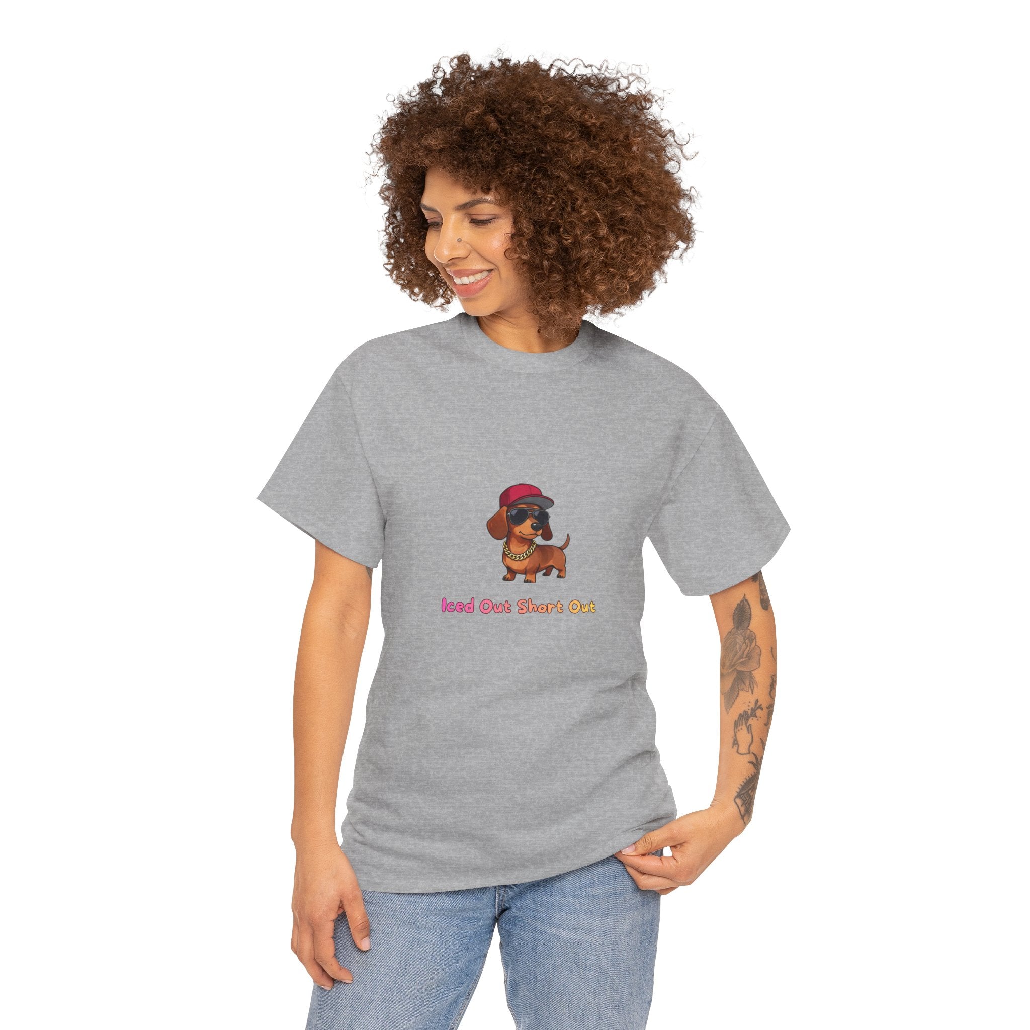 Iced Out Short Out T-Shirt – Funny Dachshund Gold Chain Bling Hip Hop | Wiener Dog Sausage Dog Graphic Tee