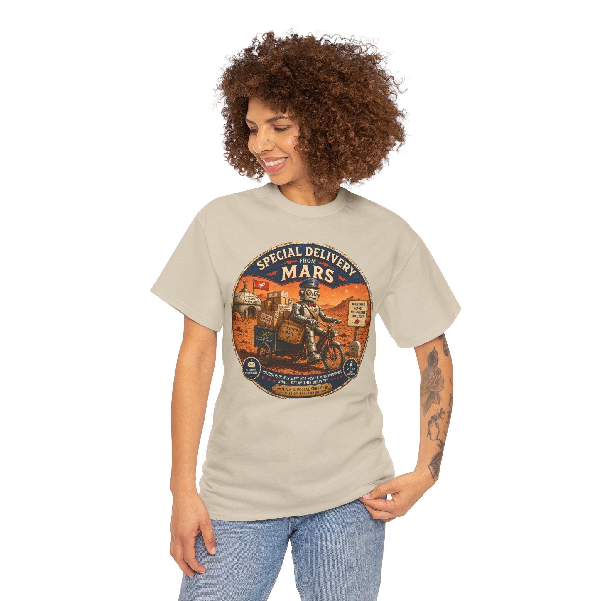 Special Delivery from Mars T-Shirt — Funny Retro Space Postal Robot Graphic Tee