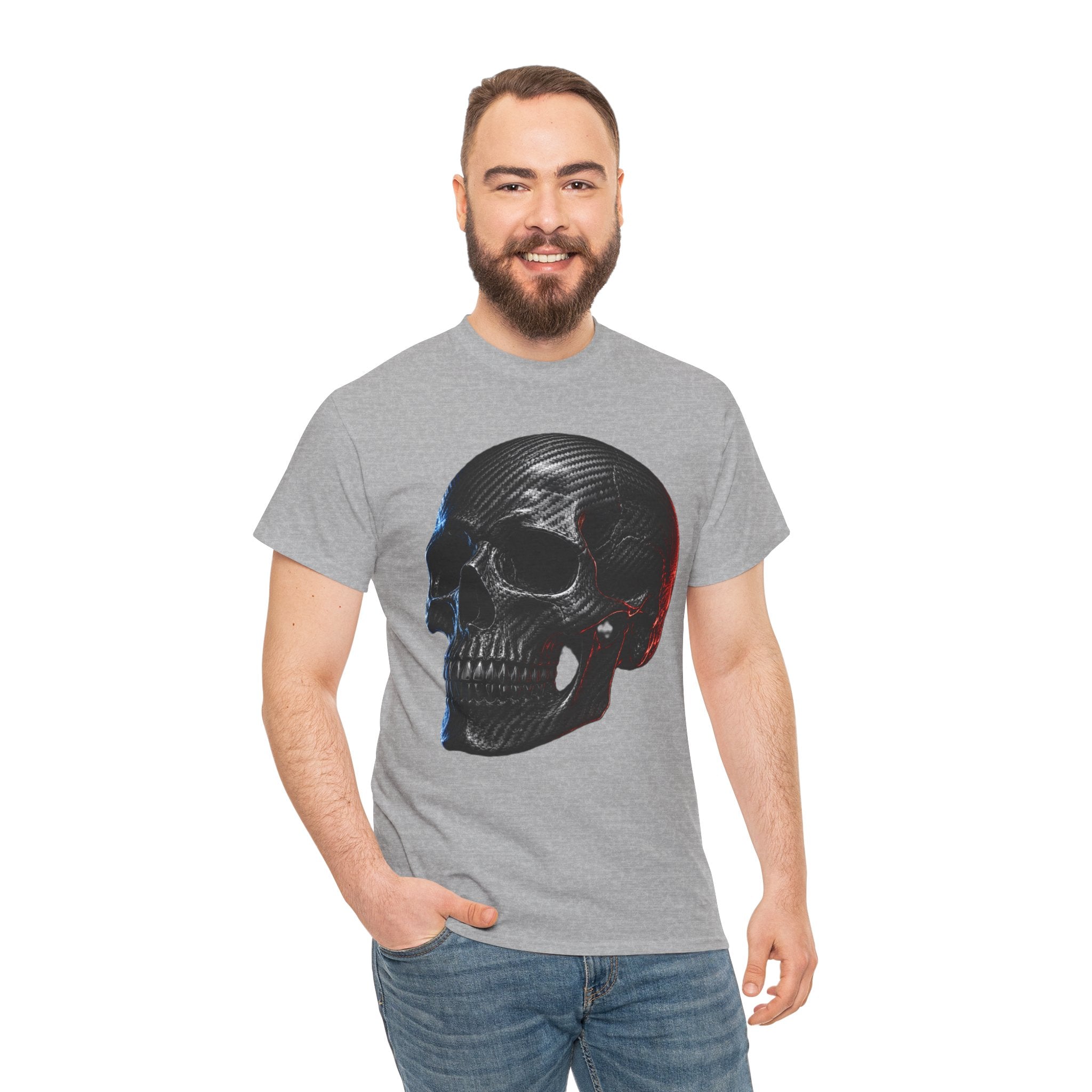 Carbon Fibre Skull T-Shirt | Racing Car Culture Graphic Tee | Red and Blue Edge Lighting Skull Shirt | Motorsport Gearhead Art