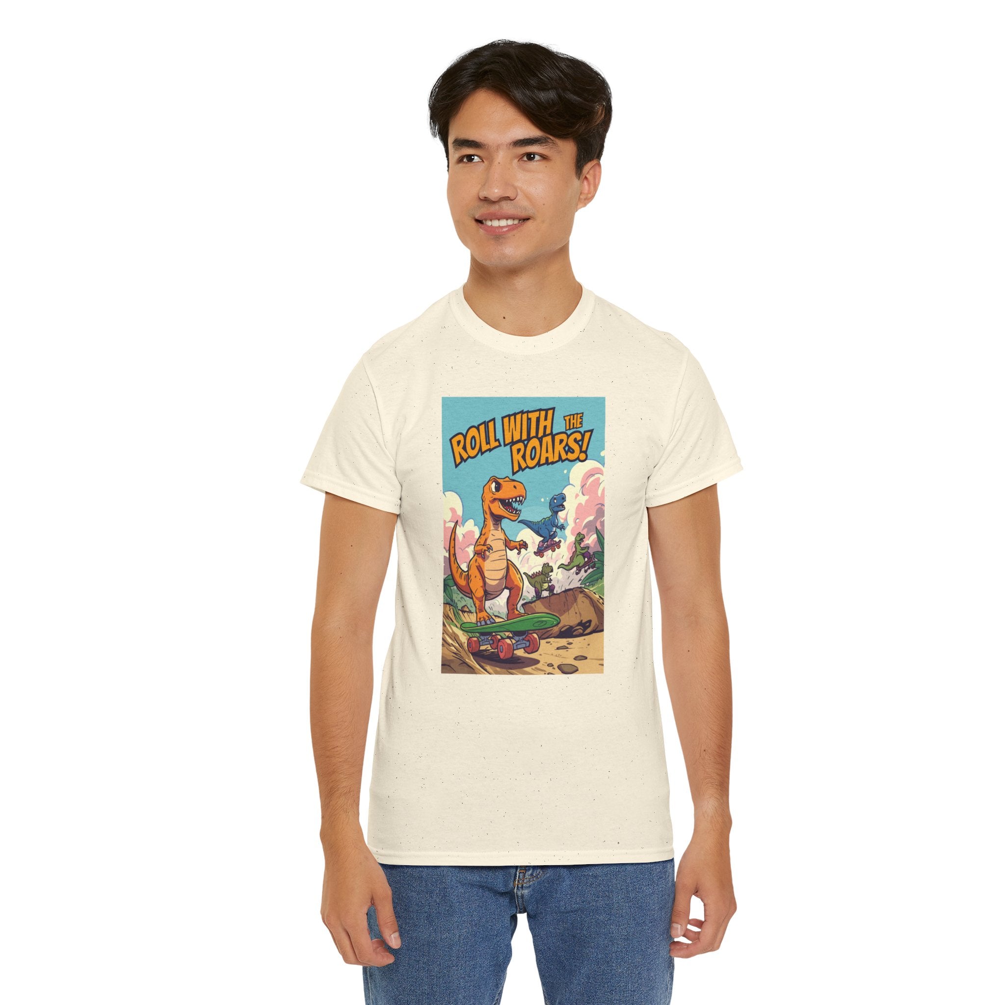 Roll With The Roars T-Shirt | Skateboarding T-Rex Pack Jungle Design | Funny Dinosaur Graphic Tee | Cartoon Fun Collection