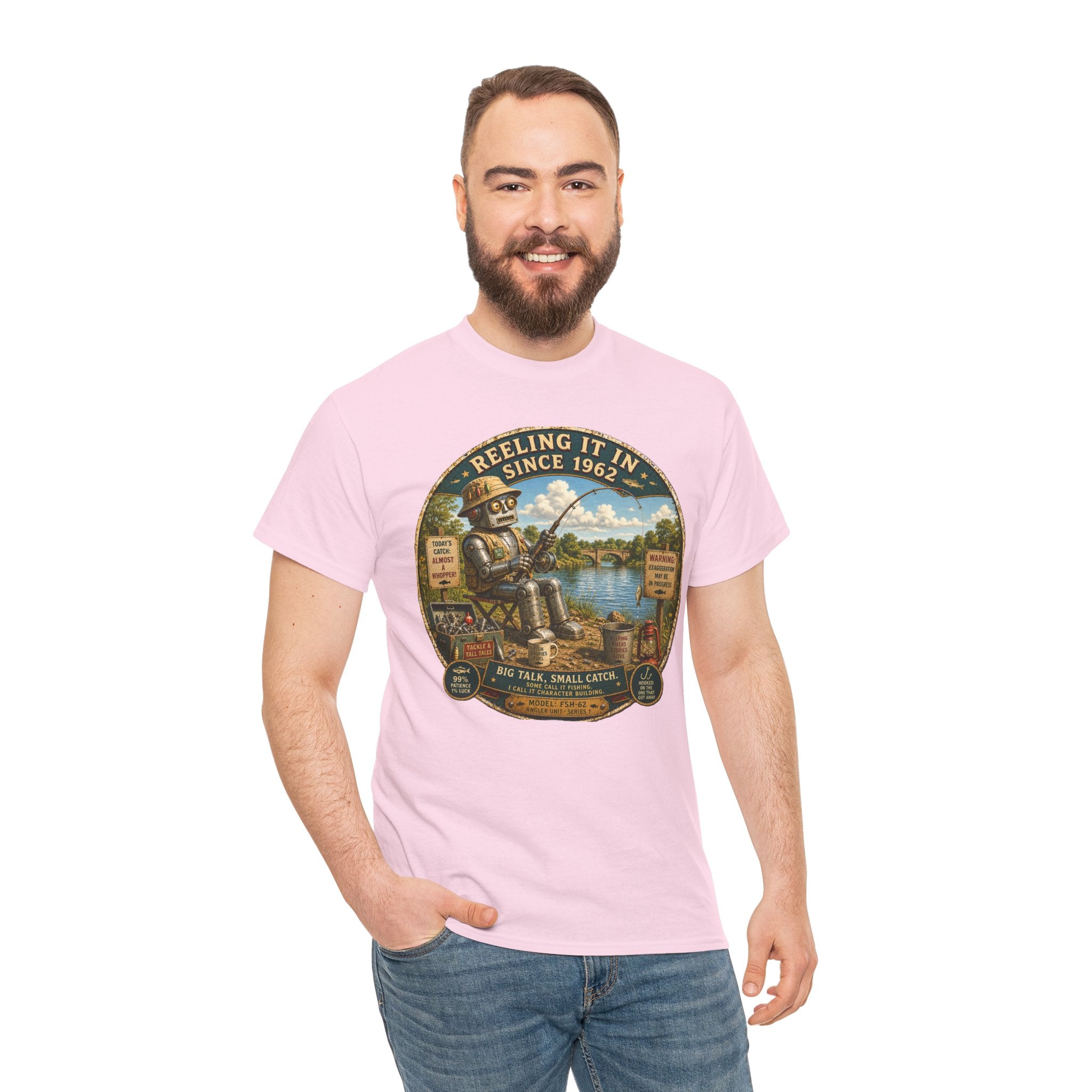 Reeling It In Since 1962 T-Shirt — Funny Robot Angler Graphic Tee