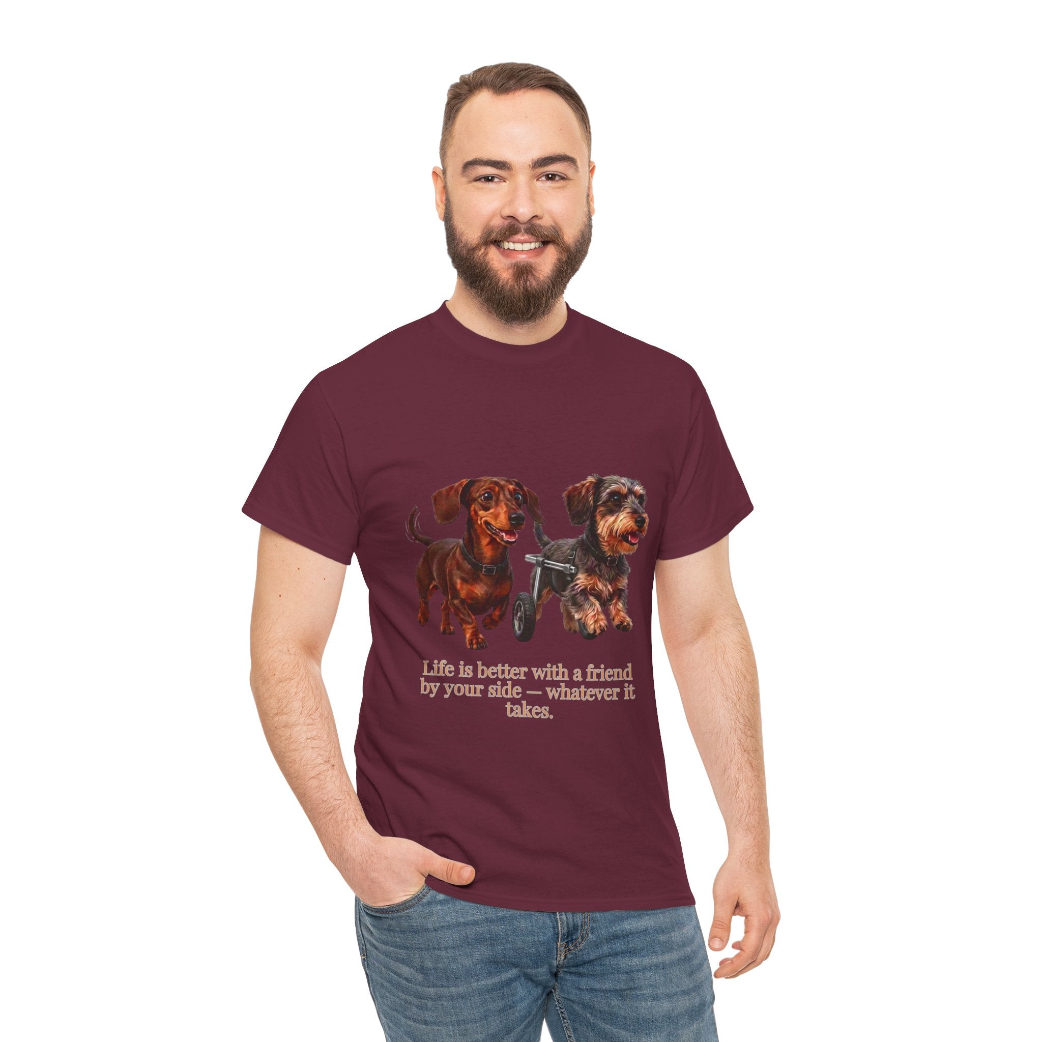 Life Is Better With a Friend by Your Side T-Shirt | Dachshund on Wheels Dog Tee | Heartwarming Furry Friends Graphic T-Shirt