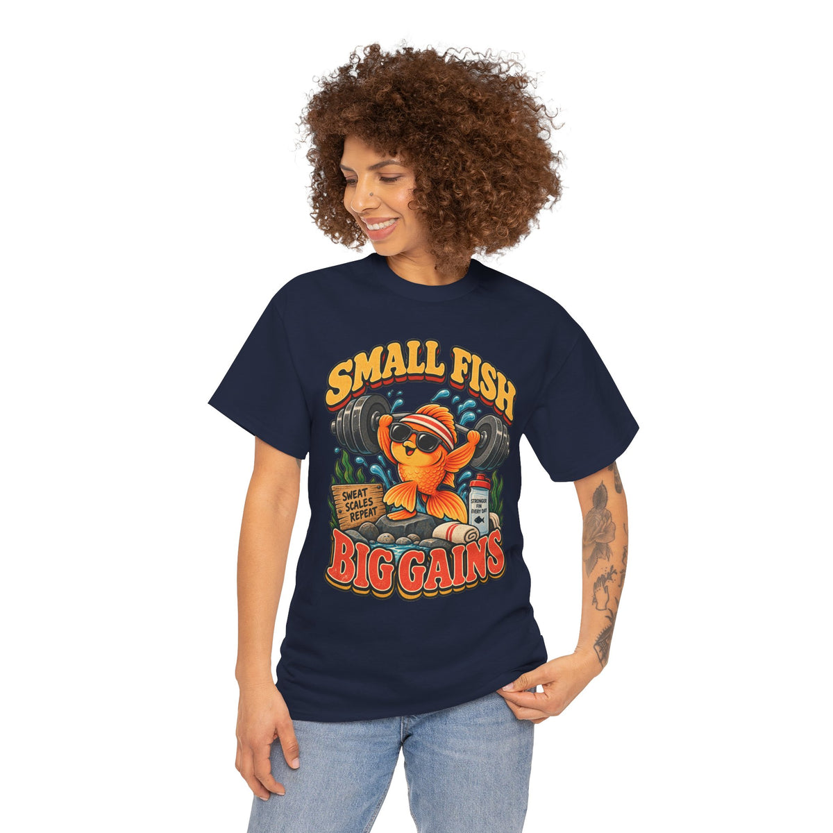 Small Fish Big Gains Goldfish Gym T-Shirt – Funny Weightlifting Fish Tee