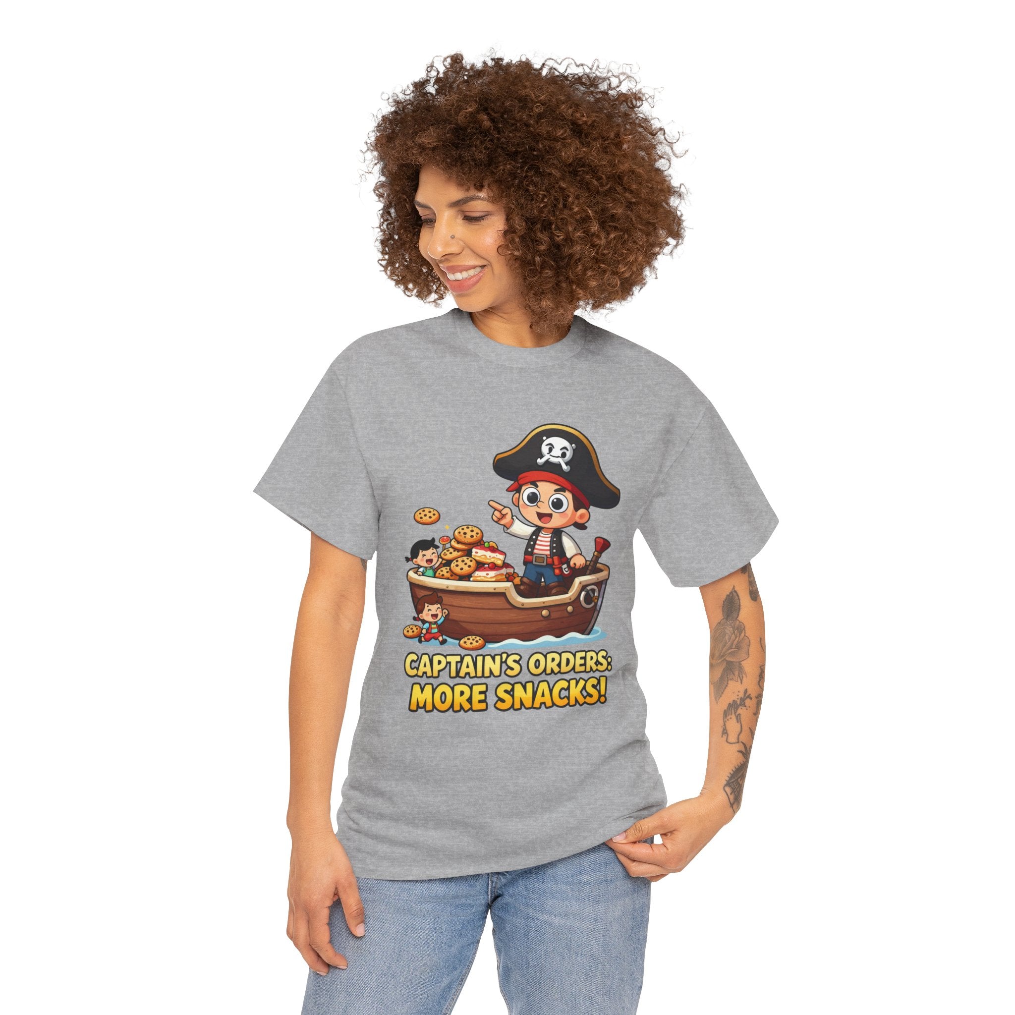 Captain's Orders More Snacks T-Shirt – Funny Pirate Cookie Cake Food Cartoon | Nautical Foodie Humour Graphic Tee