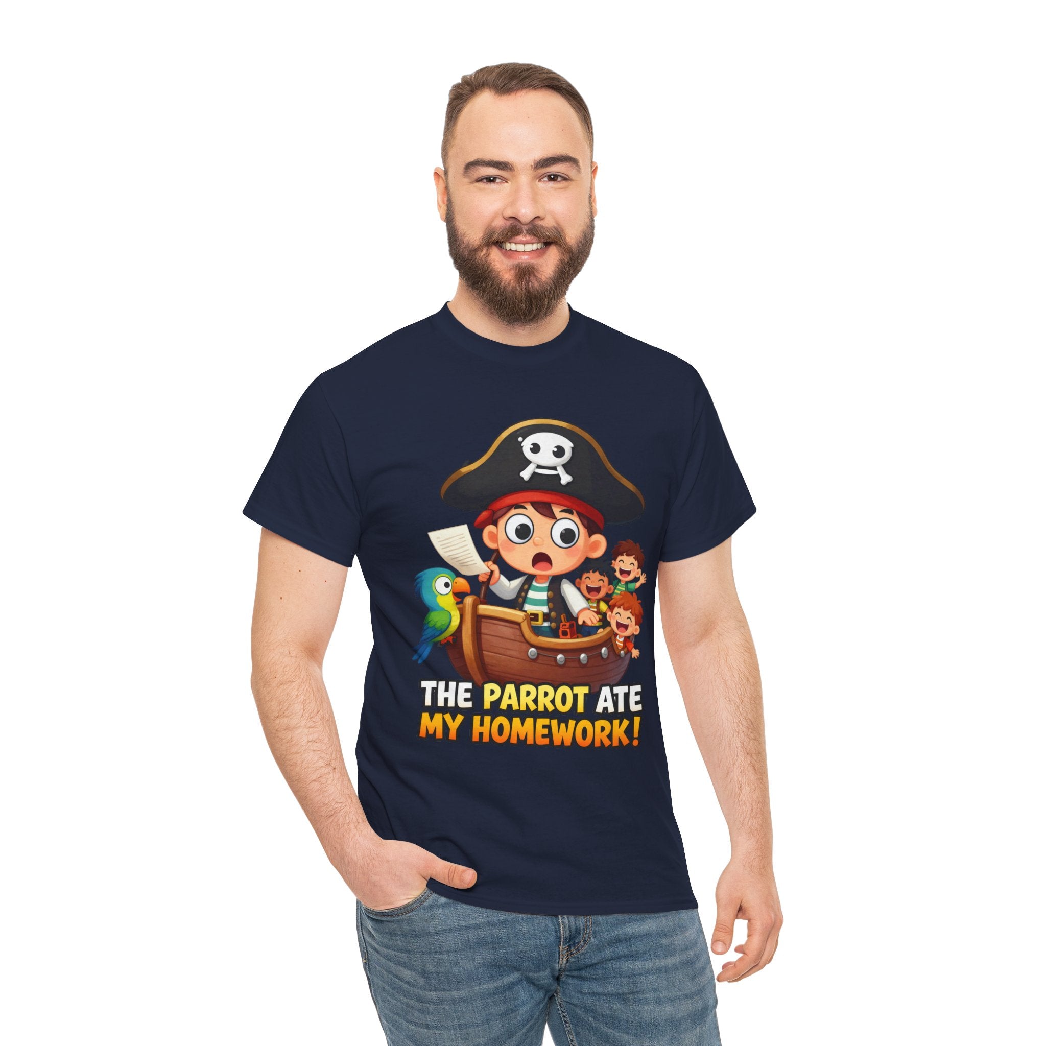 The Parrot Ate My Homework T-Shirt – Funny Pirate School Excuse Cartoon | Kids Pirate Humour Graphic Tee