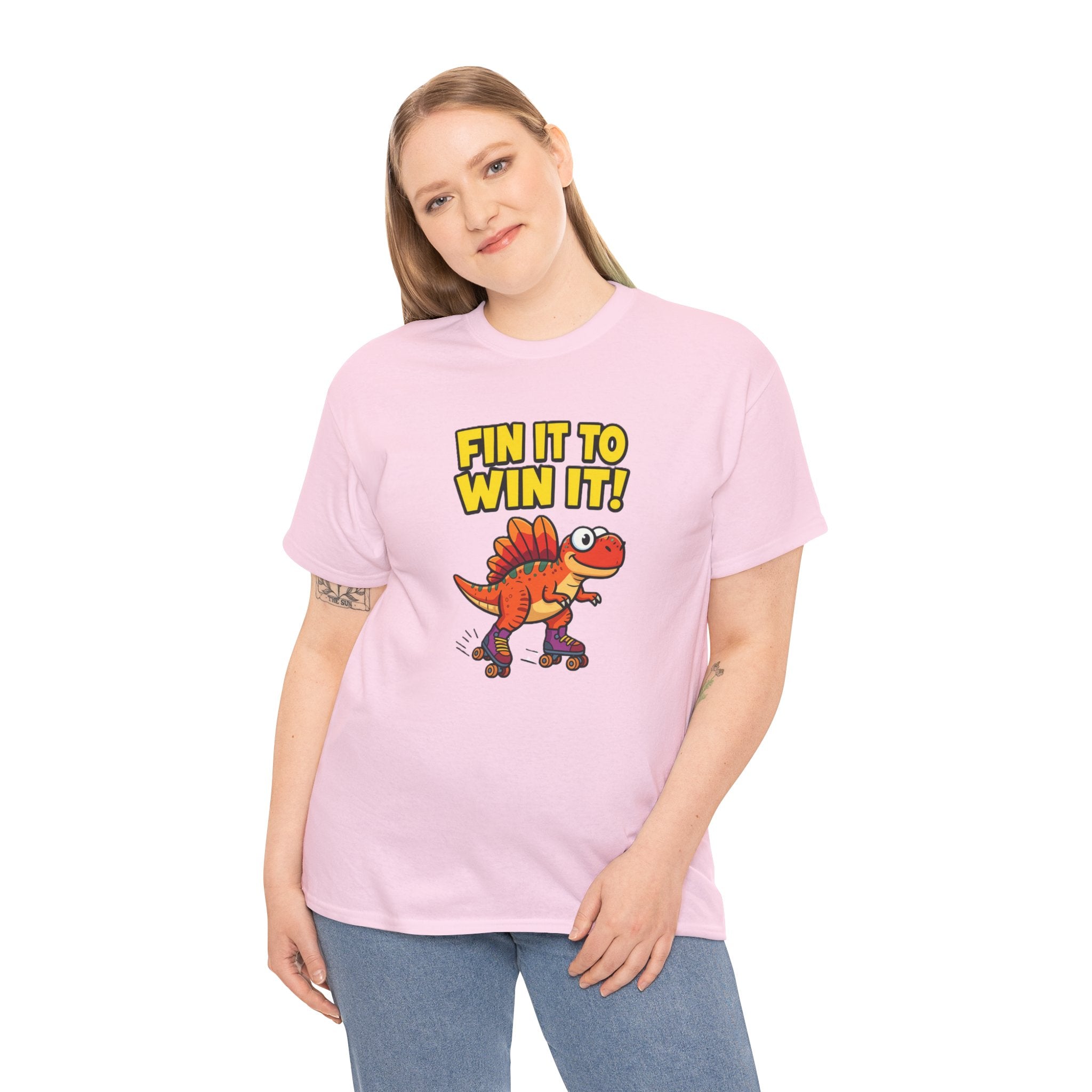 Fin It to Win It T-Shirt – Funny Spinosaurus Roller Skate Cartoon Dinosaur | Dino Skater Pun Graphic Tee