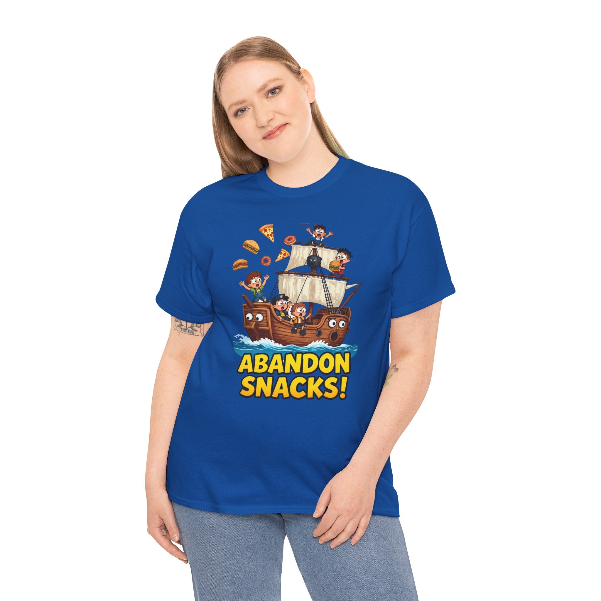 Abandon Snacks T-Shirt – Funny Pirate Ship Food Chaos Cartoon | Nautical Humour Foodie Graphic Tee
