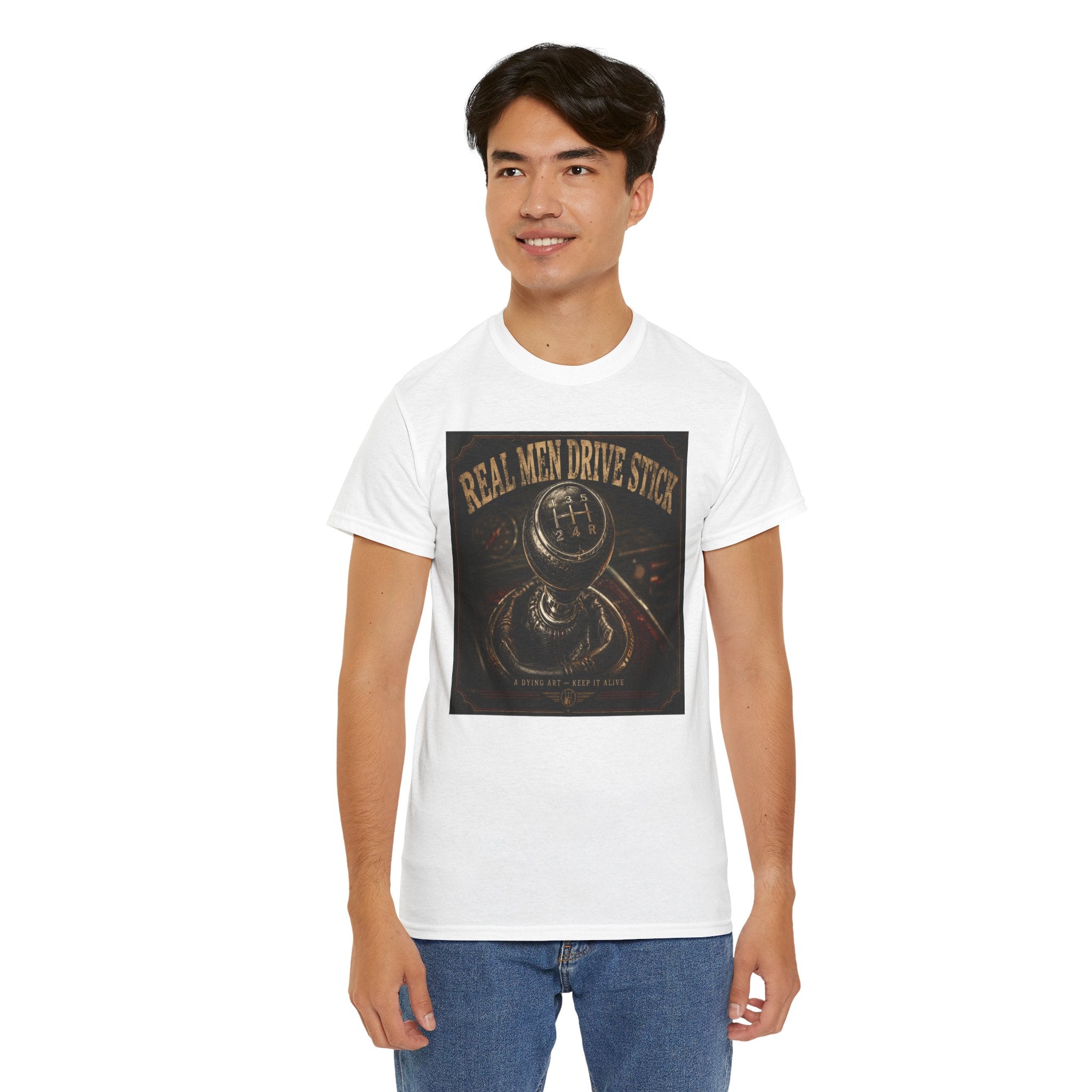 Real Men Drive Stick T-Shirt | Manual Transmission Graphic Tee | Stick Shift Car Lover Shirt | Vintage Gearhead Humour Art