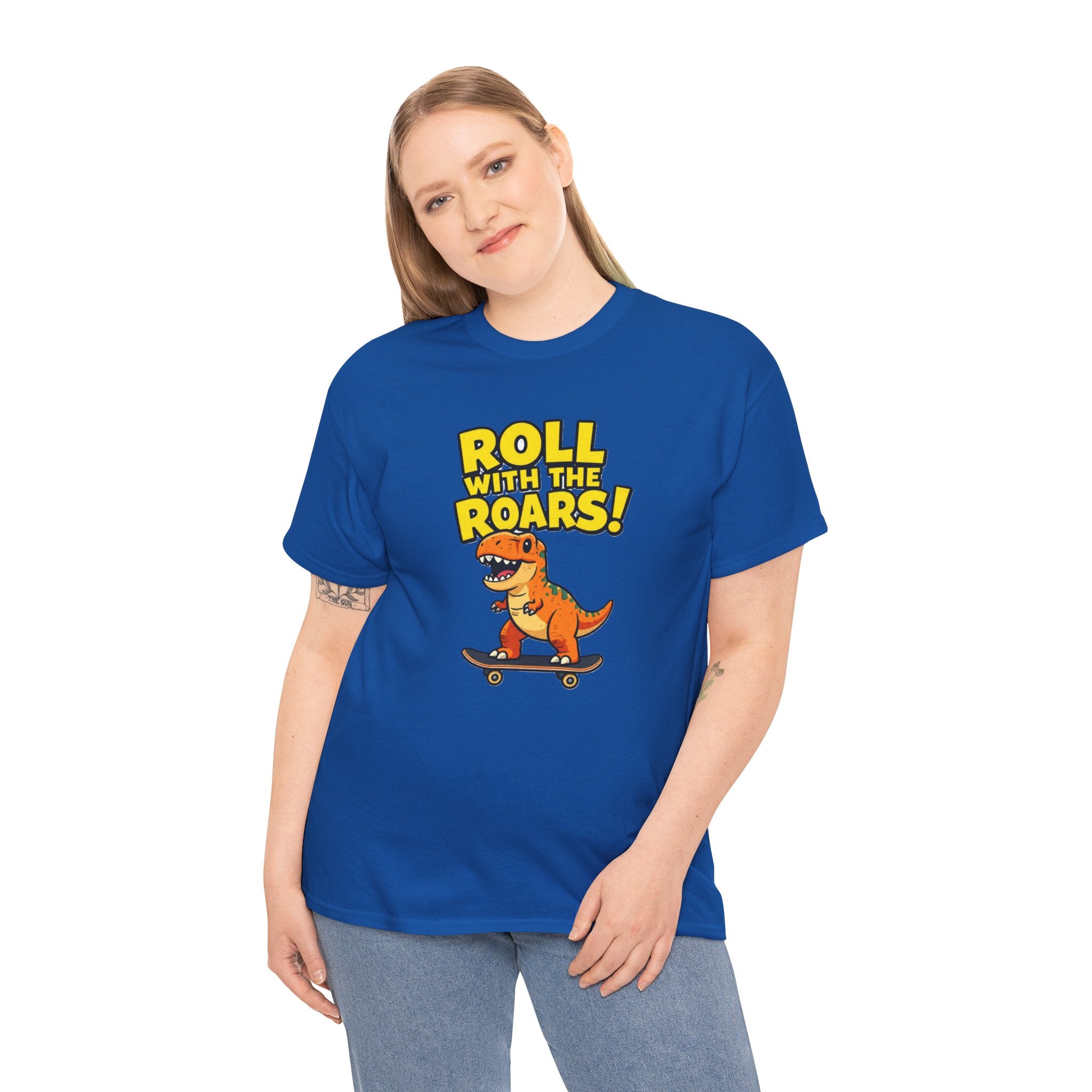 Roll With the Roars T-Shirt – Funny T-Rex Skateboard Cartoon Dinosaur | Dino Skater Graphic Tee