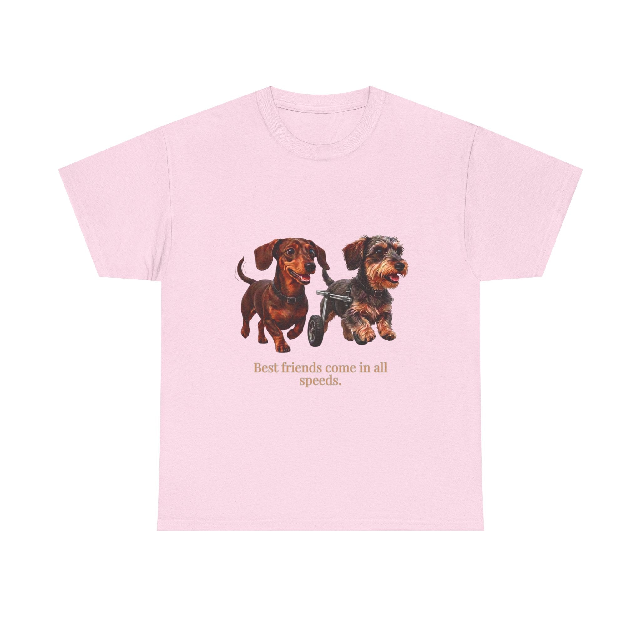 Dachshund Friends T-Shirt — Best Friends Roll Together | Cute Dachshund Mobility Dog Tee | Heartwarming Furry Friends Graphic T-Shirt