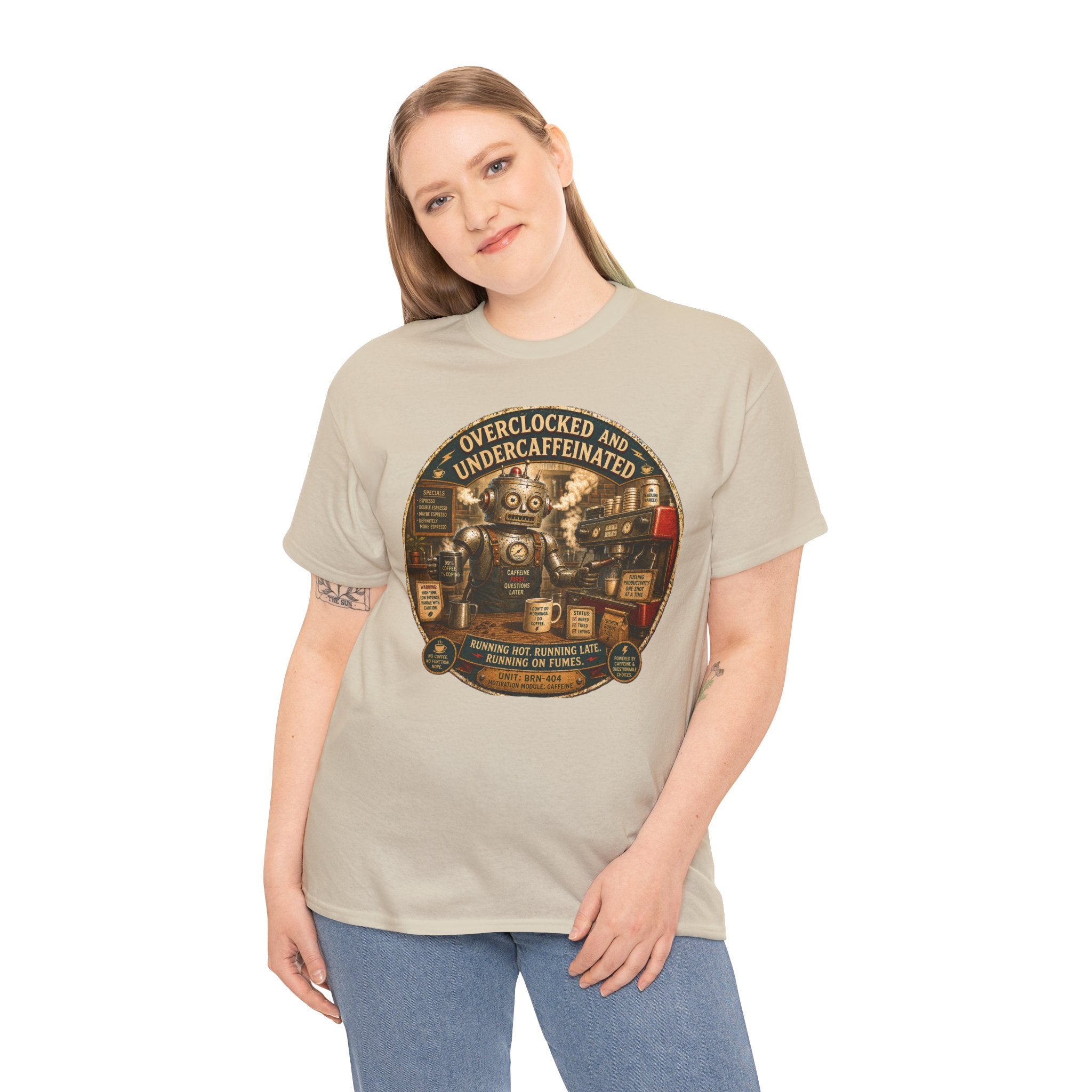 Overclocked and Undercaffeinated T-Shirt — Funny Robot Barista Graphic Tee