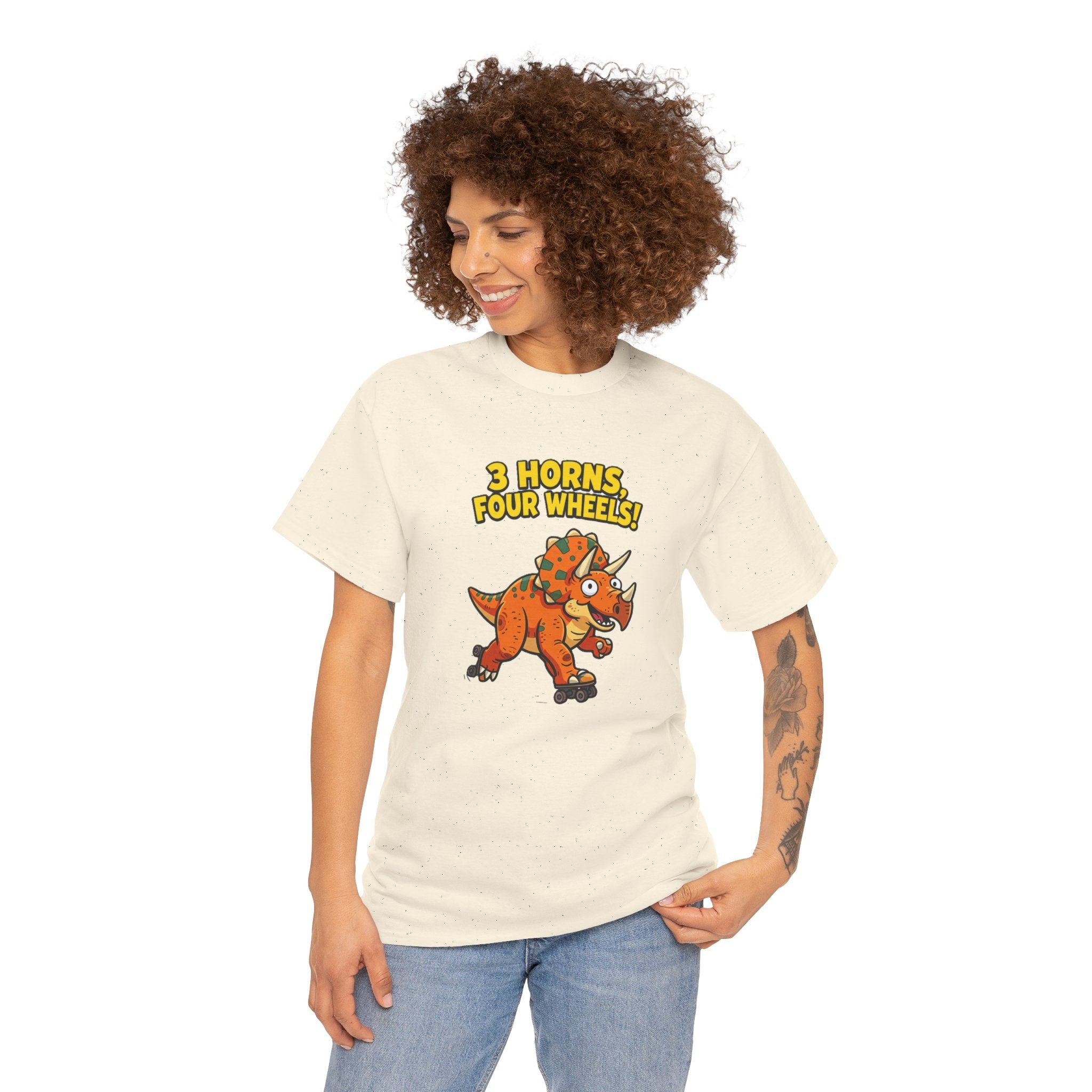 3 Horns Four Wheels T-Shirt – Funny Triceratops Roller Skate Cartoon Dinosaur | Dino Skater Graphic Tee