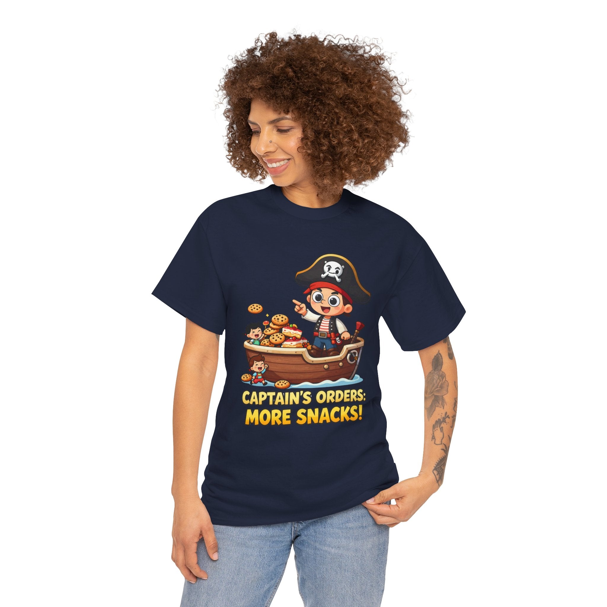 Captain's Orders More Snacks T-Shirt – Funny Pirate Cookie Cake Food Cartoon | Nautical Foodie Humour Graphic Tee