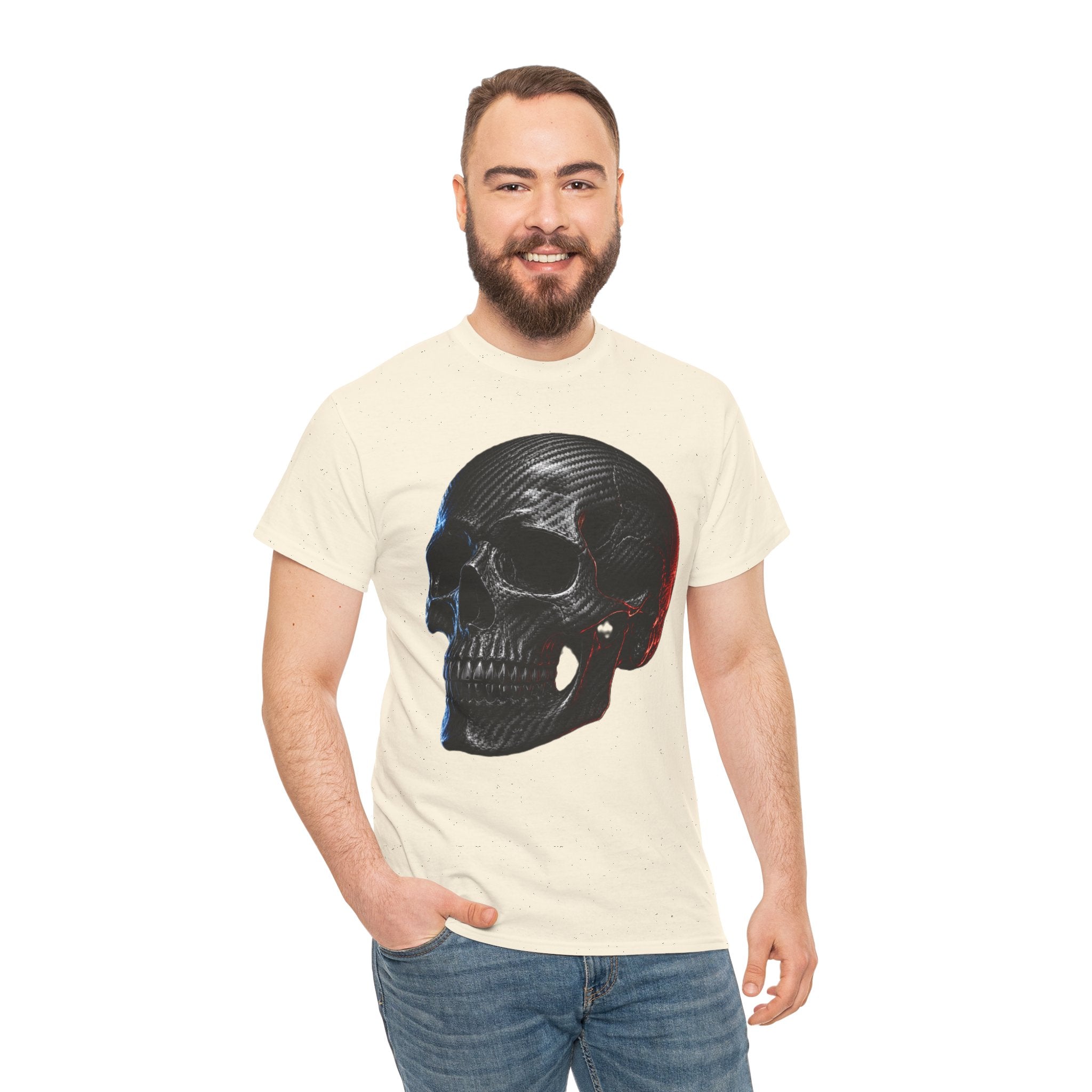 Carbon Fibre Skull T-Shirt | Racing Car Culture Graphic Tee | Red and Blue Edge Lighting Skull Shirt | Motorsport Gearhead Art