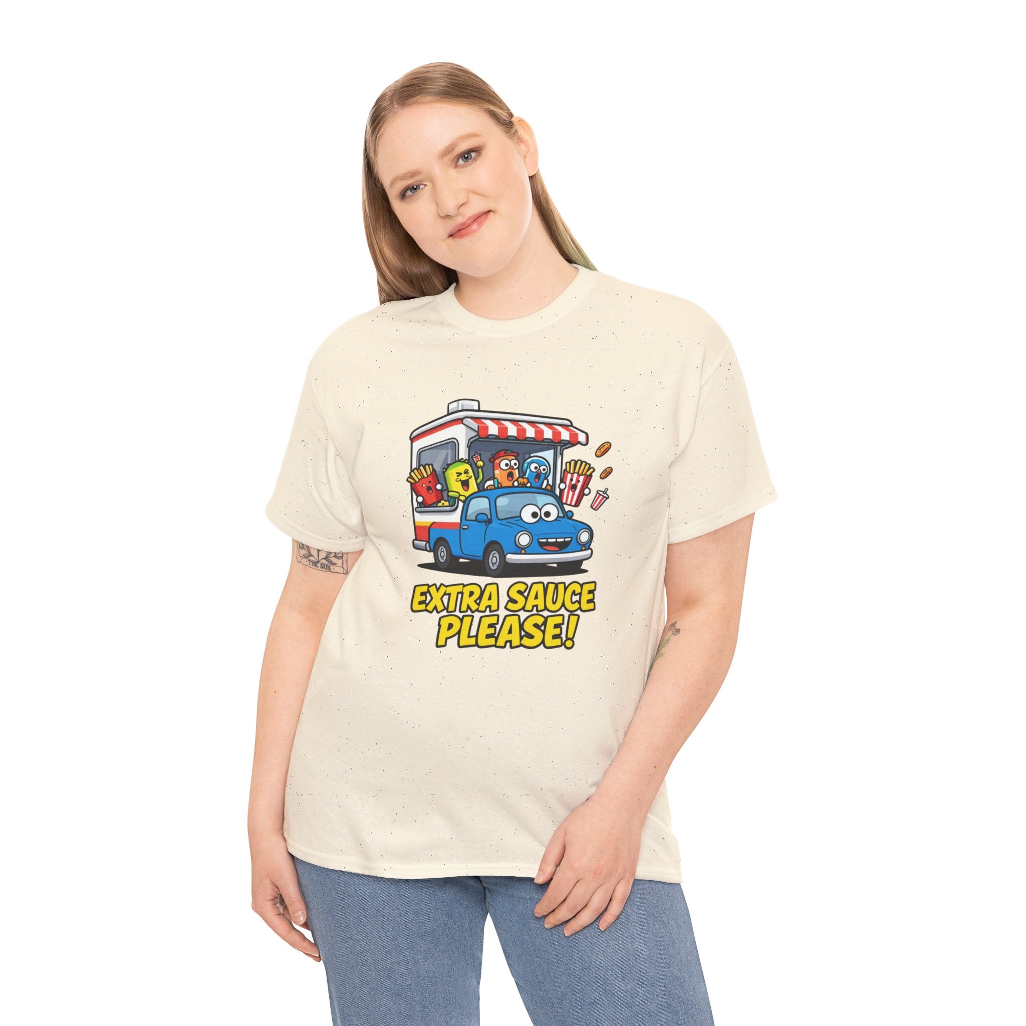 Extra Sauce Please T-Shirt – Funny Drive Thru Cartoon Car Fast Food Graphic Tee | Food Lover Motoring Humour
