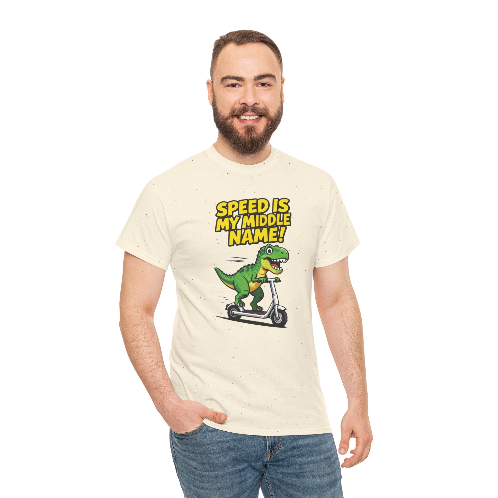 Speed Is My Middle Name T-Shirt – Funny T-Rex Electric Scooter Cartoon Dinosaur | Fast Dino Graphic Tee