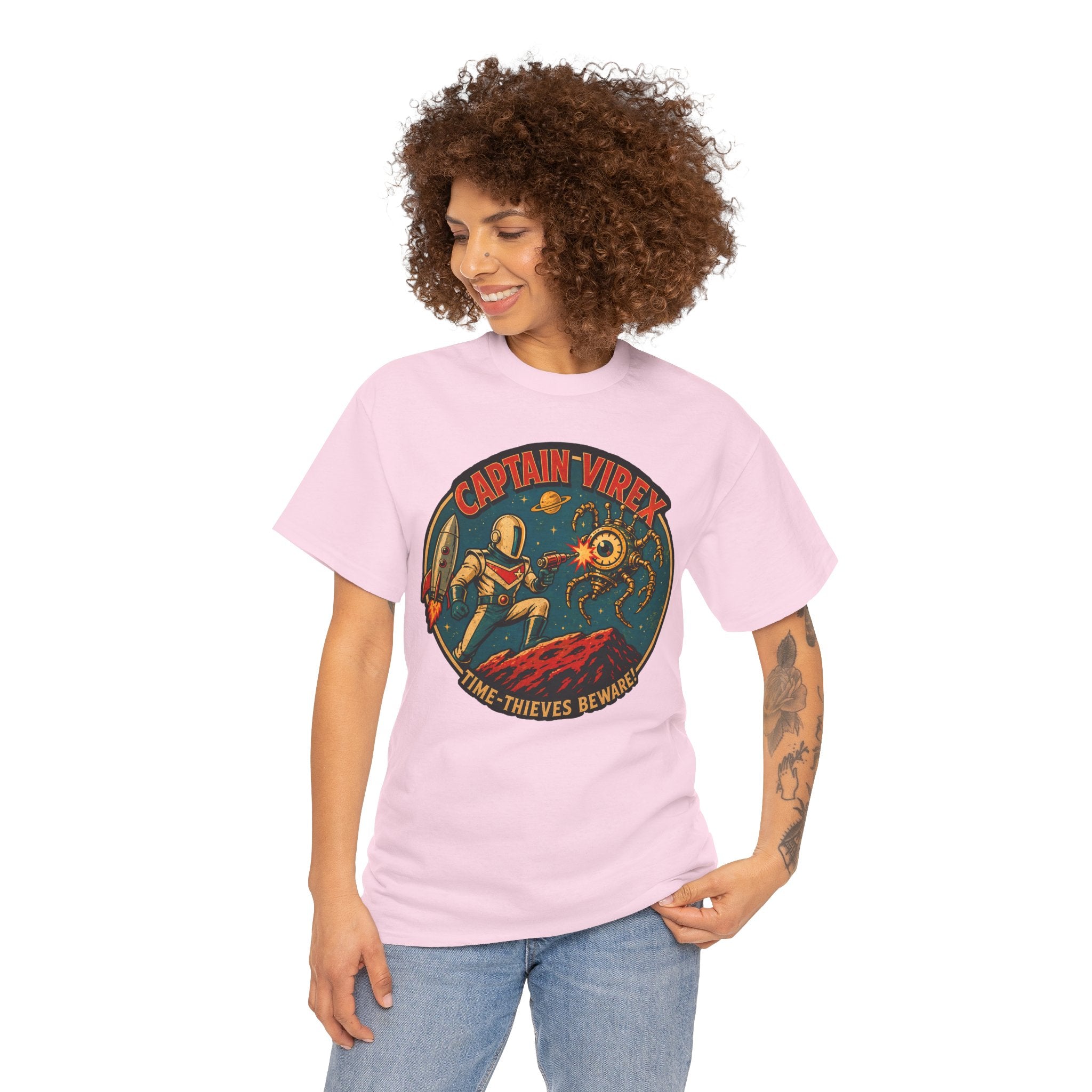 Captain Virex Retro Space Hero T-Shirt | Vintage Sci-Fi Robot Battle Graphic Tee | Classic 1950s Space Age Design