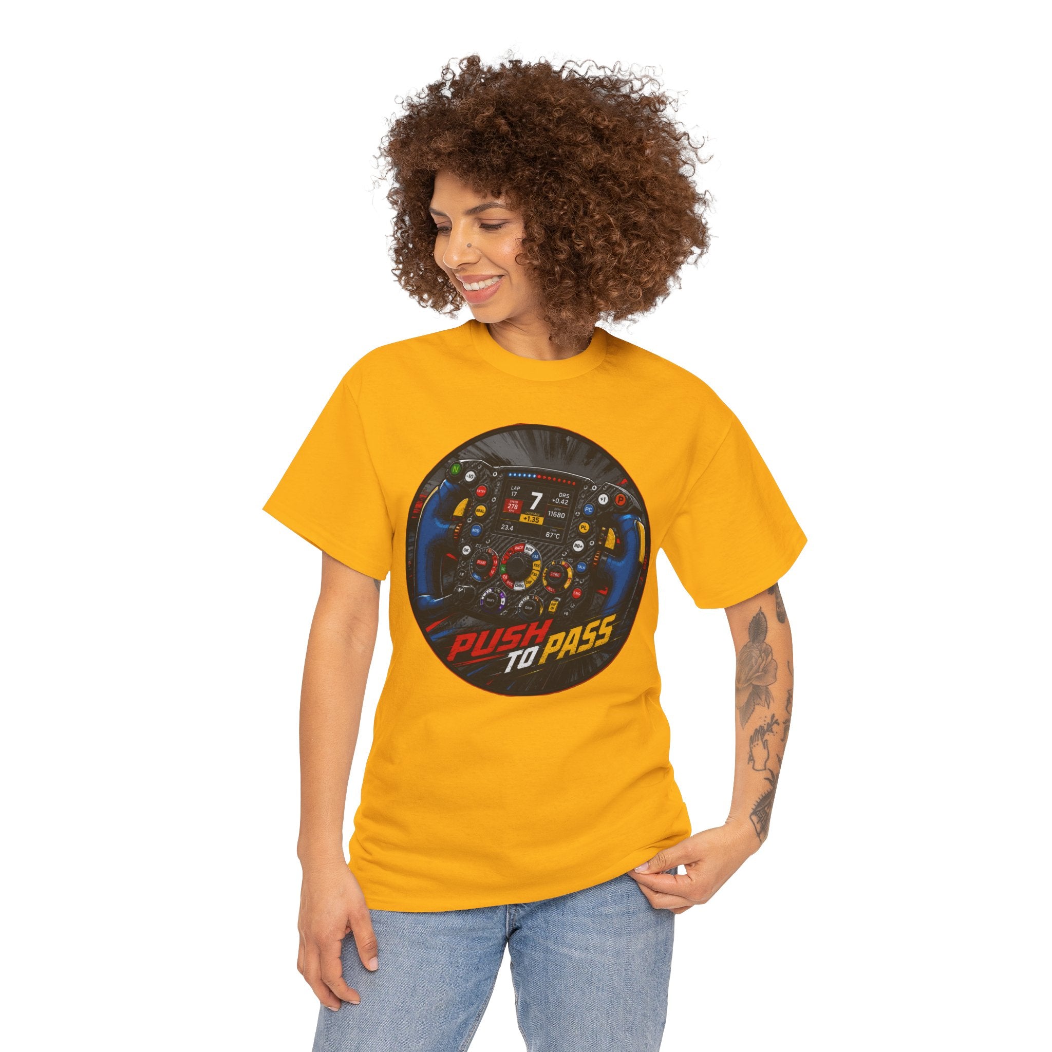 Push to Pass T-Shirt | F1 Steering Wheel Graphic Tee | Formula 1 Racing Cockpit Shirt | Motorsport Technical Diagram Art