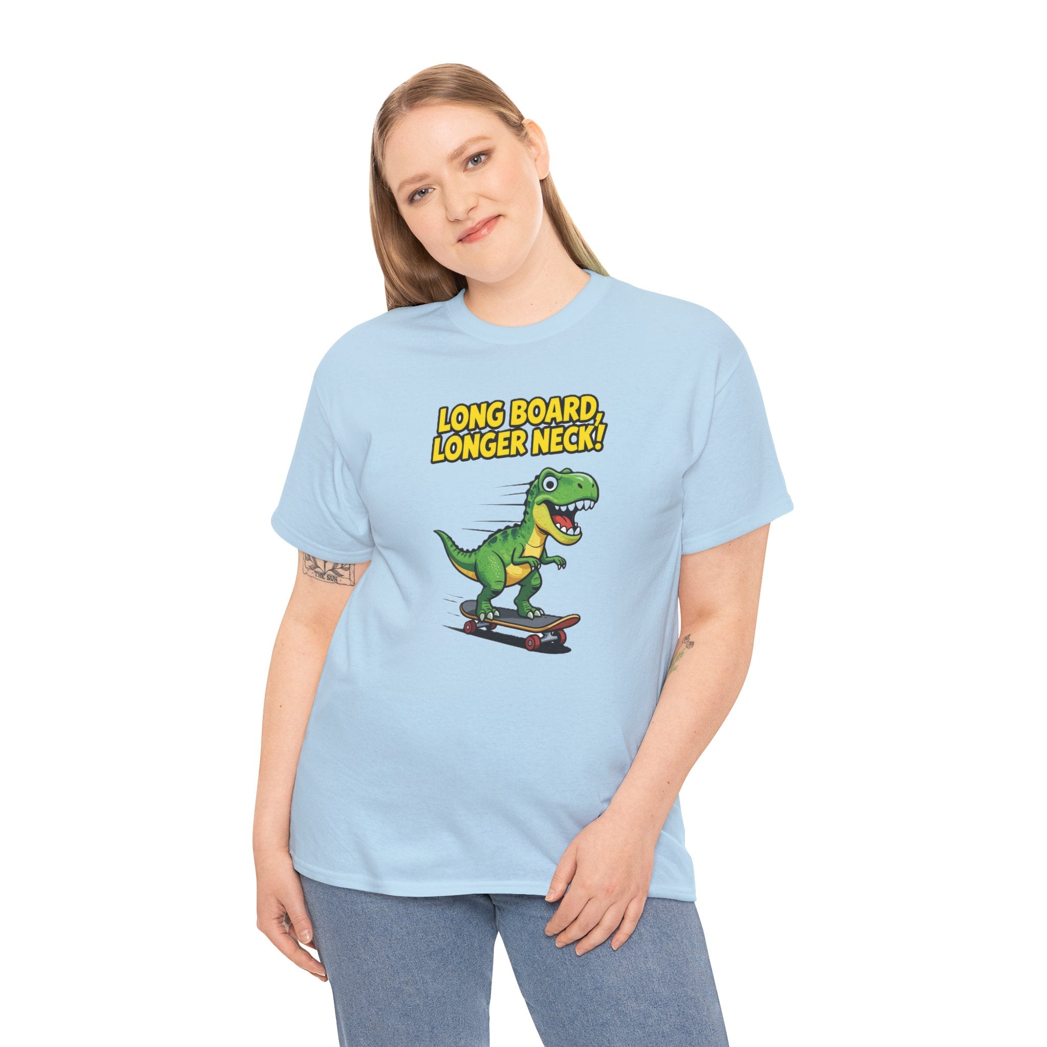 Long Board Longer Neck T-Shirt – Funny Green Dinosaur Longboard Skateboard Cartoon | Dino Skater Graphic Tee