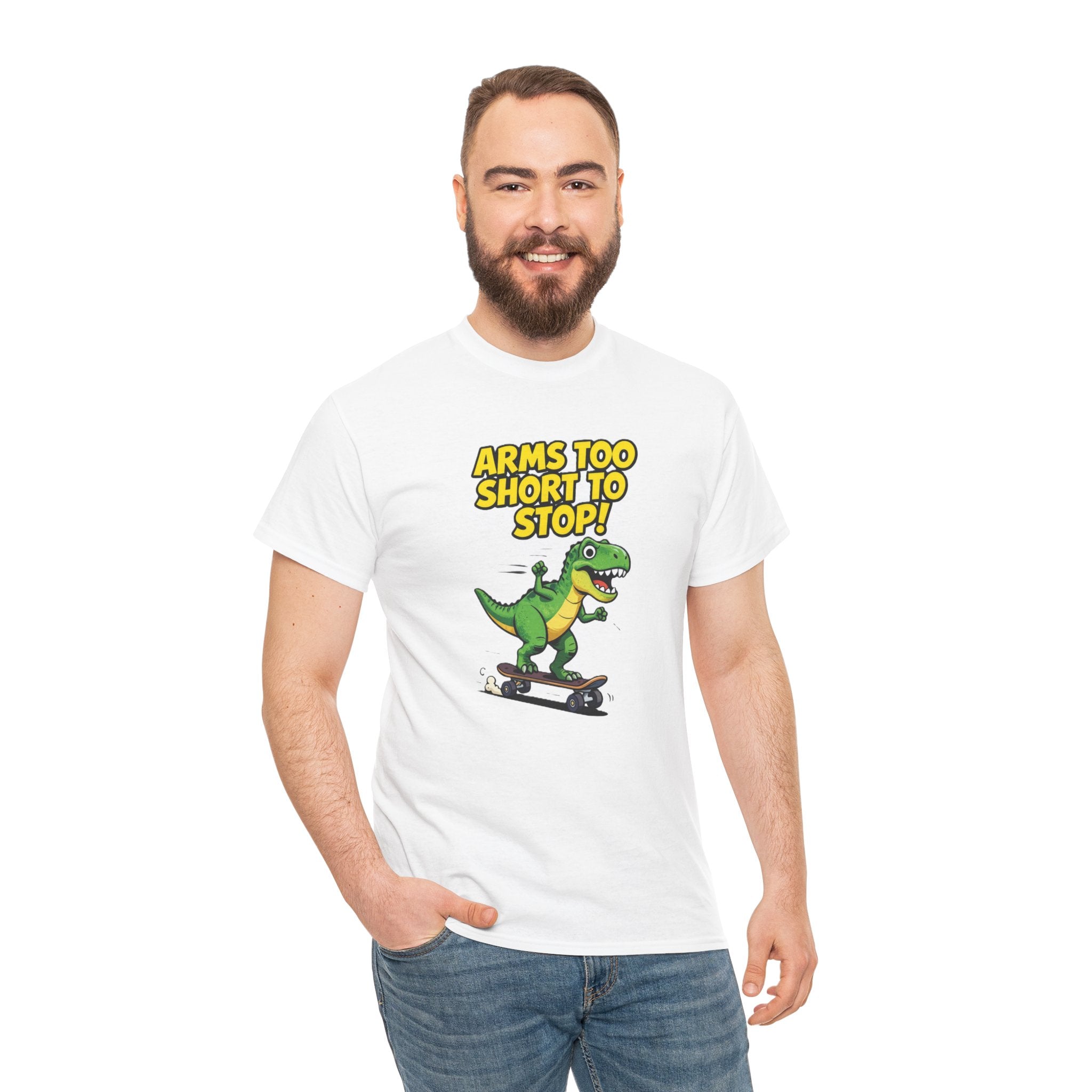 Arms Too Short to Stop T-Shirt – Funny T-Rex Skateboard Cartoon Dinosaur | T-Rex Arms Pun Graphic Tee