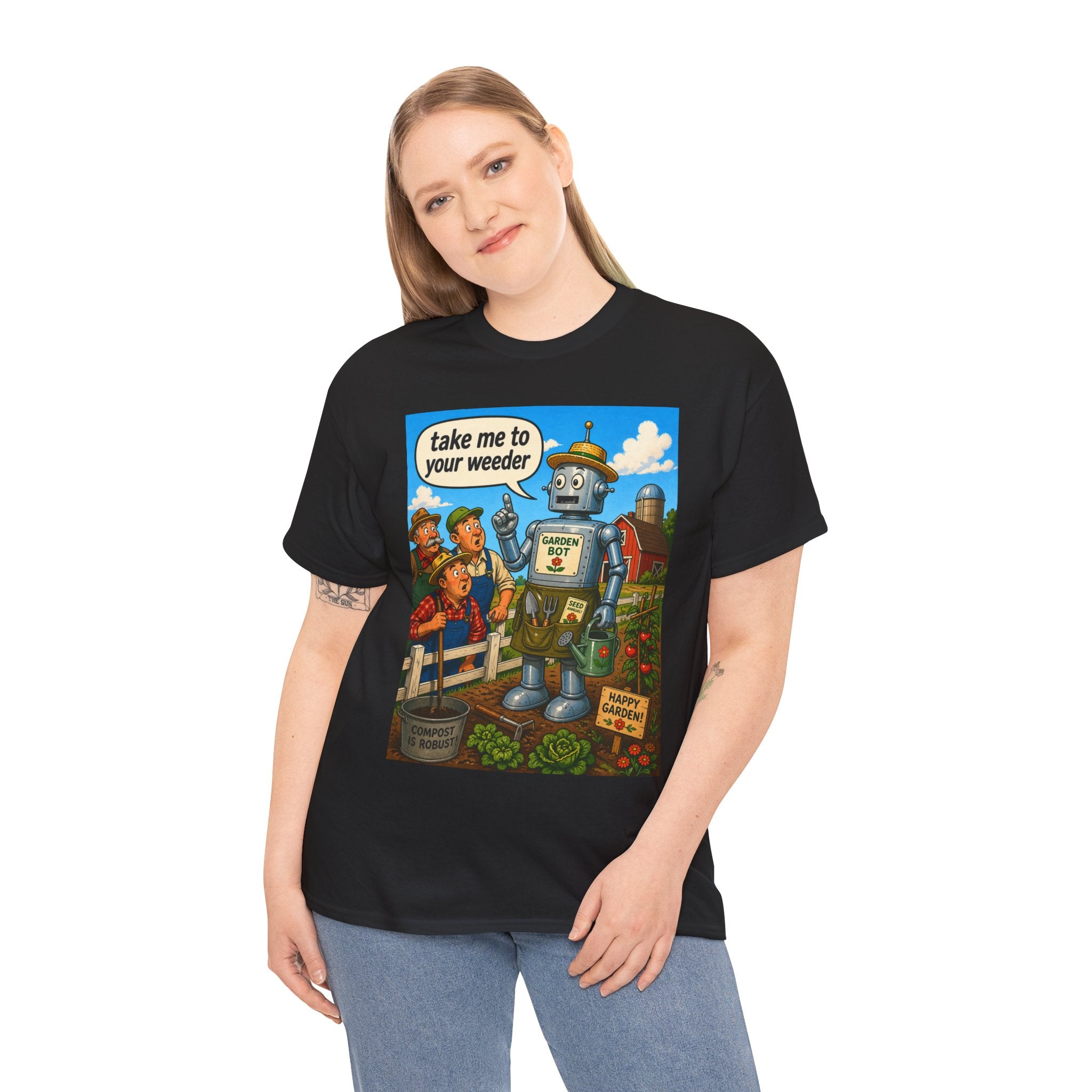 T-Shirt — "Take Me to Your Weeder" Vintage Robot Gardening Tee