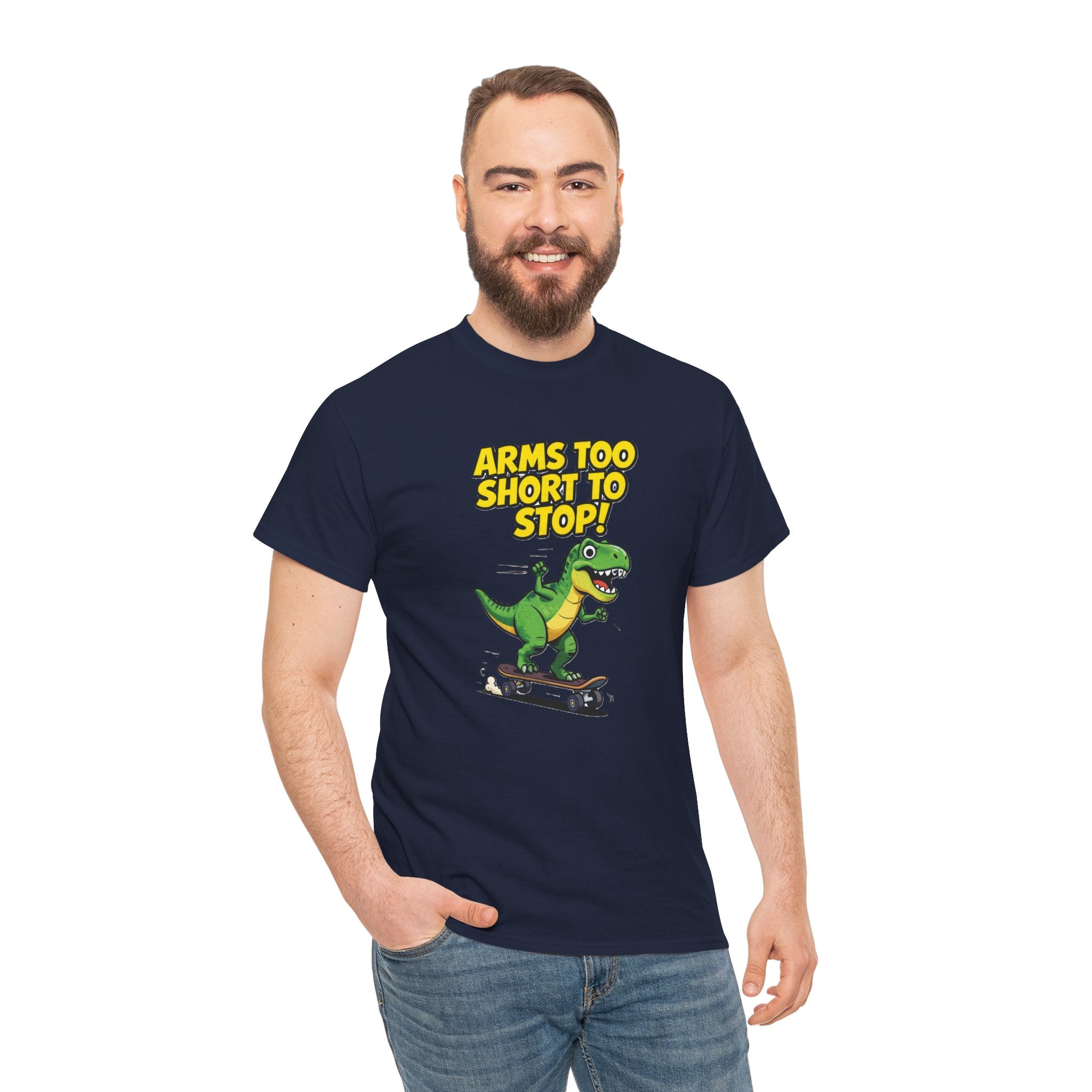 Arms Too Short to Stop T-Shirt – Funny T-Rex Skateboard Cartoon Dinosaur | T-Rex Arms Pun Graphic Tee