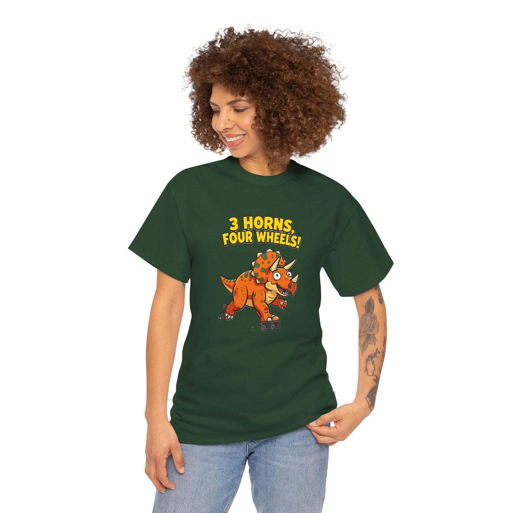 3 Horns Four Wheels T-Shirt – Funny Triceratops Roller Skate Cartoon Dinosaur | Dino Skater Graphic Tee