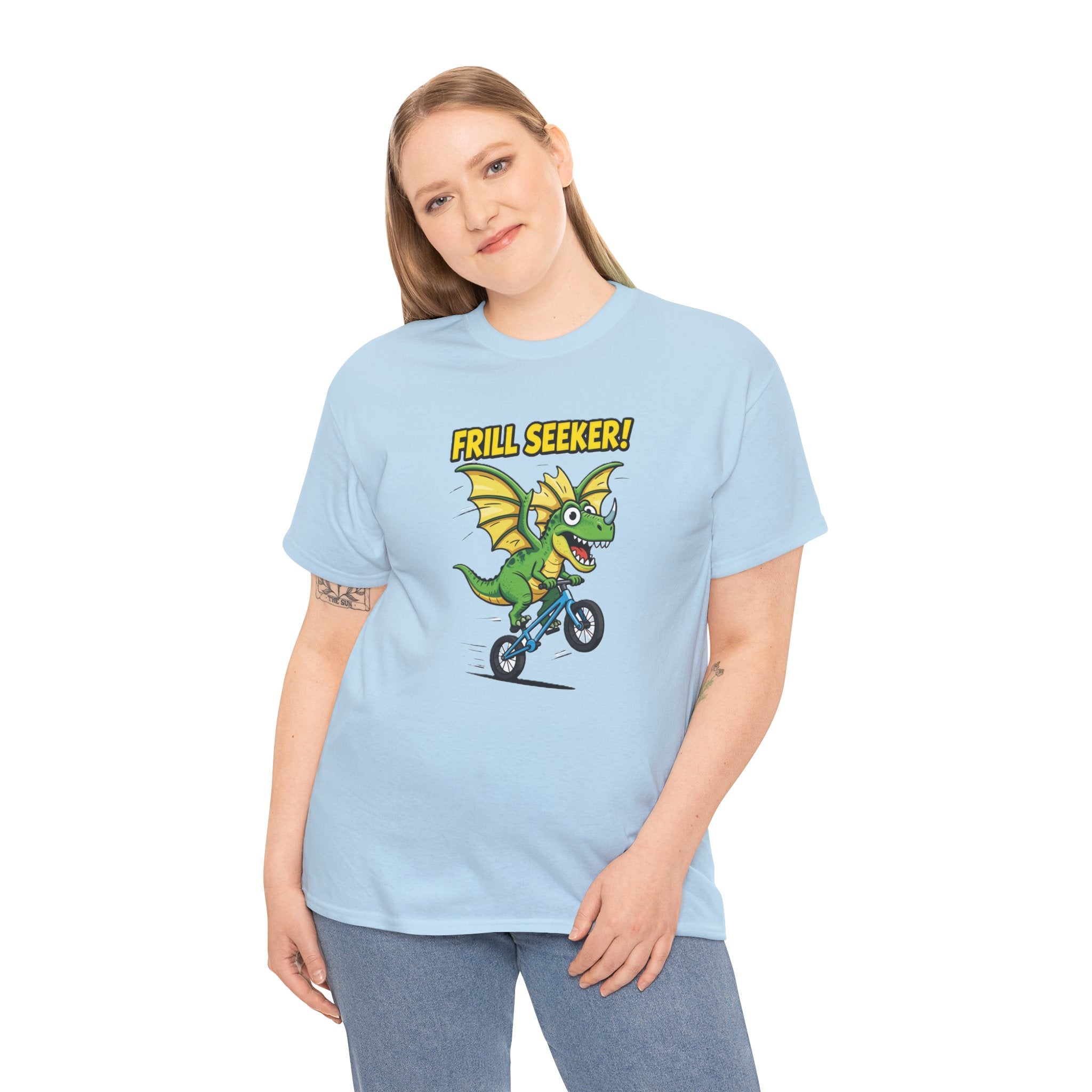 Frill Seeker T-Shirt – Funny Dragon Dinosaur BMX Bike Cartoon | Thrill Seeker Dino Pun Graphic Tee