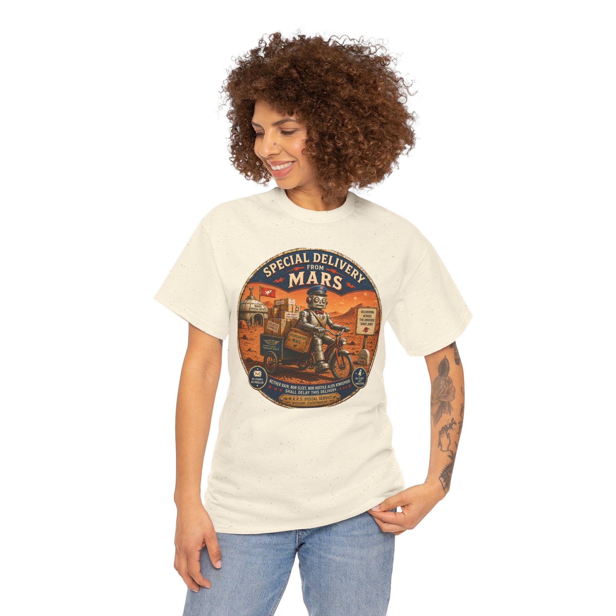 Special Delivery from Mars T-Shirt — Funny Retro Space Postal Robot Graphic Tee
