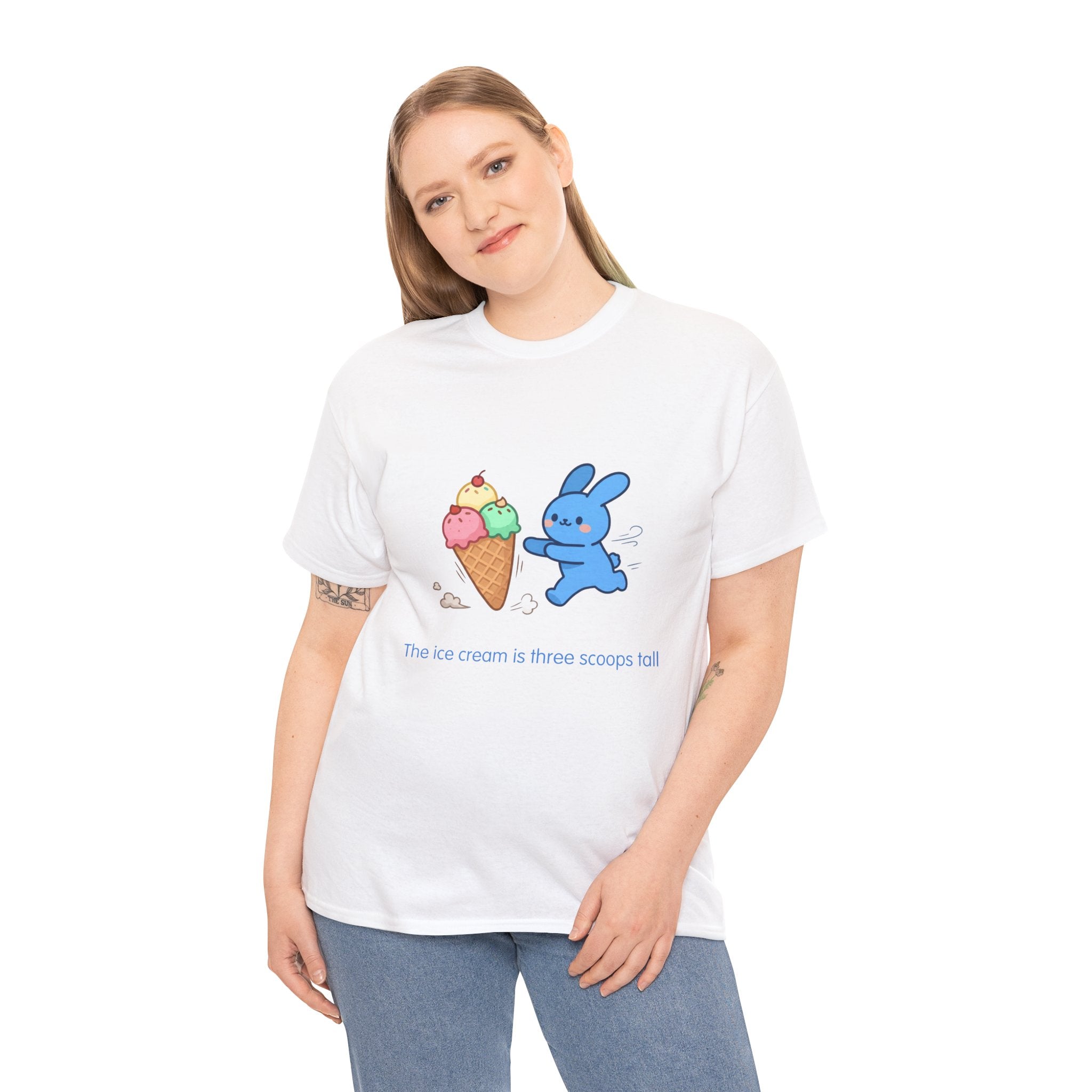 Ice Cream Bunny T-Shirt — The ice cream is three scoops tall. The bunny is determined.