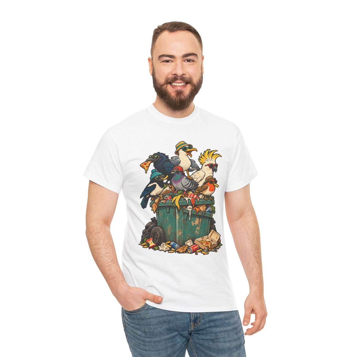 The Bin Squad Funny Birds T-Shirt – Cartoon Birds Raiding a Wheelie Bin Tee