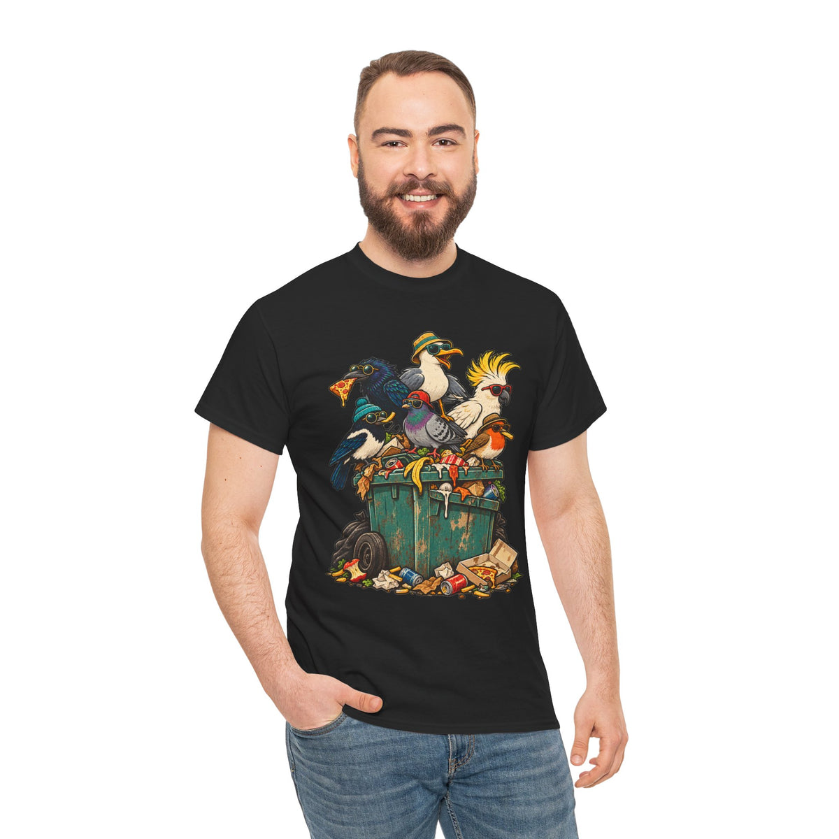 The Bin Squad Funny Birds T-Shirt – Cartoon Birds Raiding a Wheelie Bin Tee