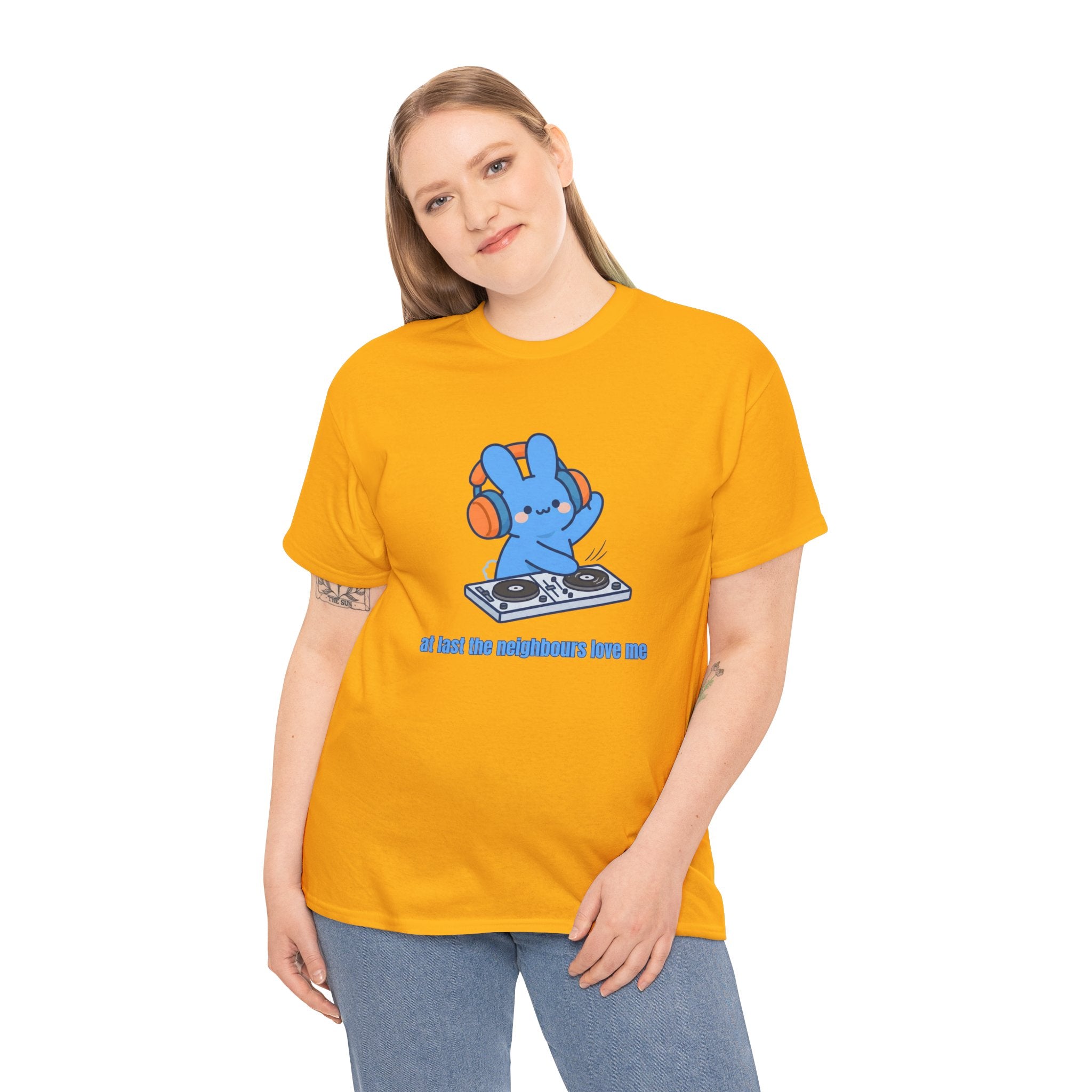 DJ Bunny T‑Shirt — "At least the neighbors love me" Cute Bunny DJ Graphic Tee - Do Not Disturb – Cute Kawaii Bunny Music Headphones Cartoon Graphic T-Shirt