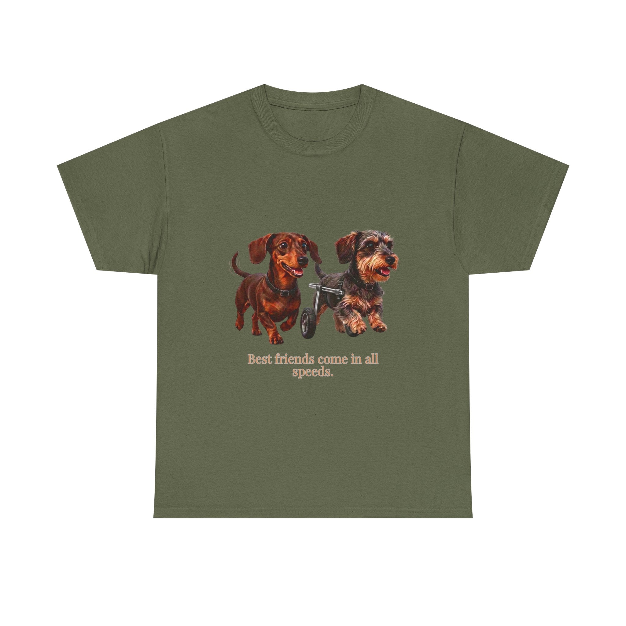Dachshund Friends T-Shirt — Best Friends Roll Together | Cute Dachshund Mobility Dog Tee | Heartwarming Furry Friends Graphic T-Shirt