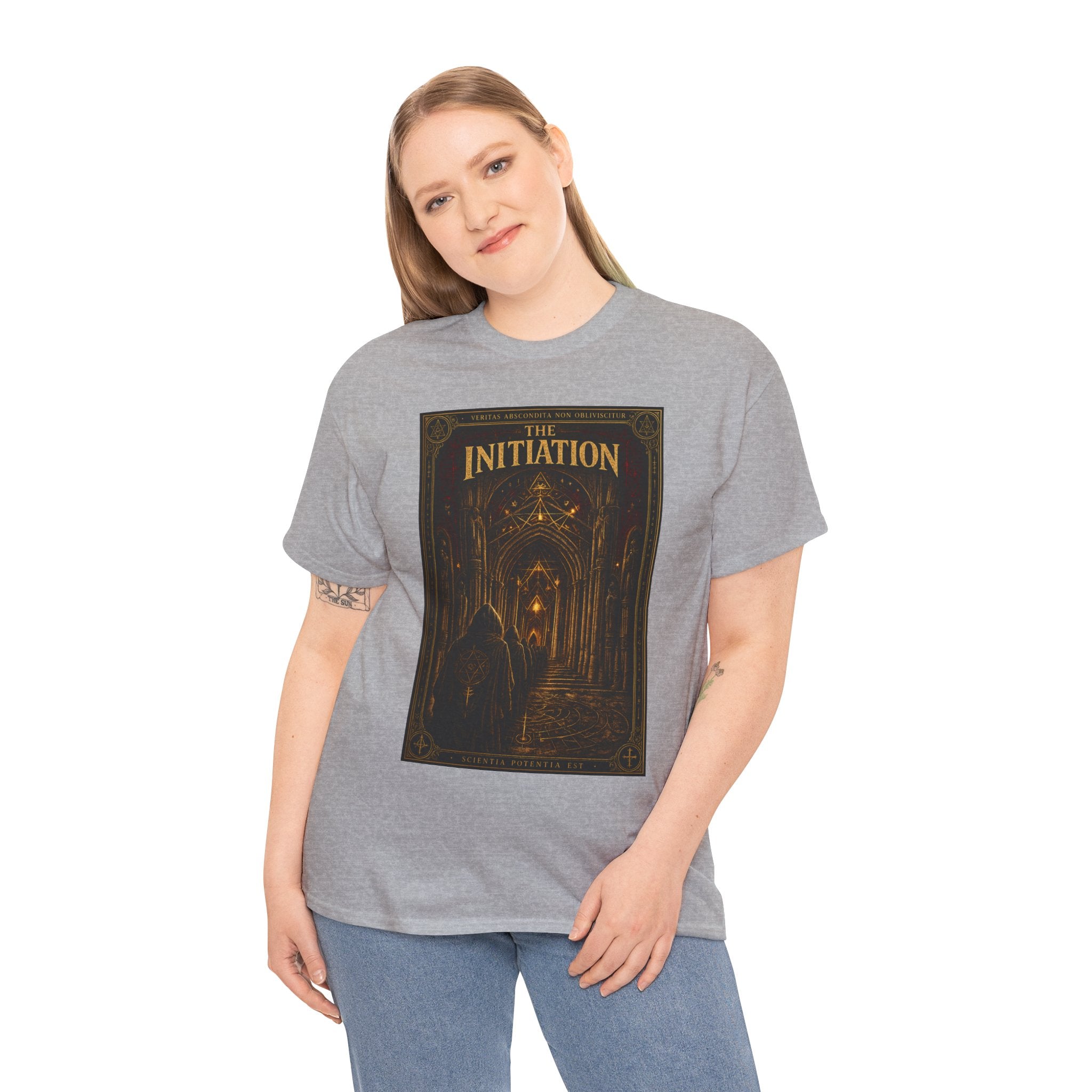 The Initiation T-Shirt | Gothic Cathedral Occult Graphic Tee | Hooded Ritual Procession Shirt | Dark Academia Mystic Art