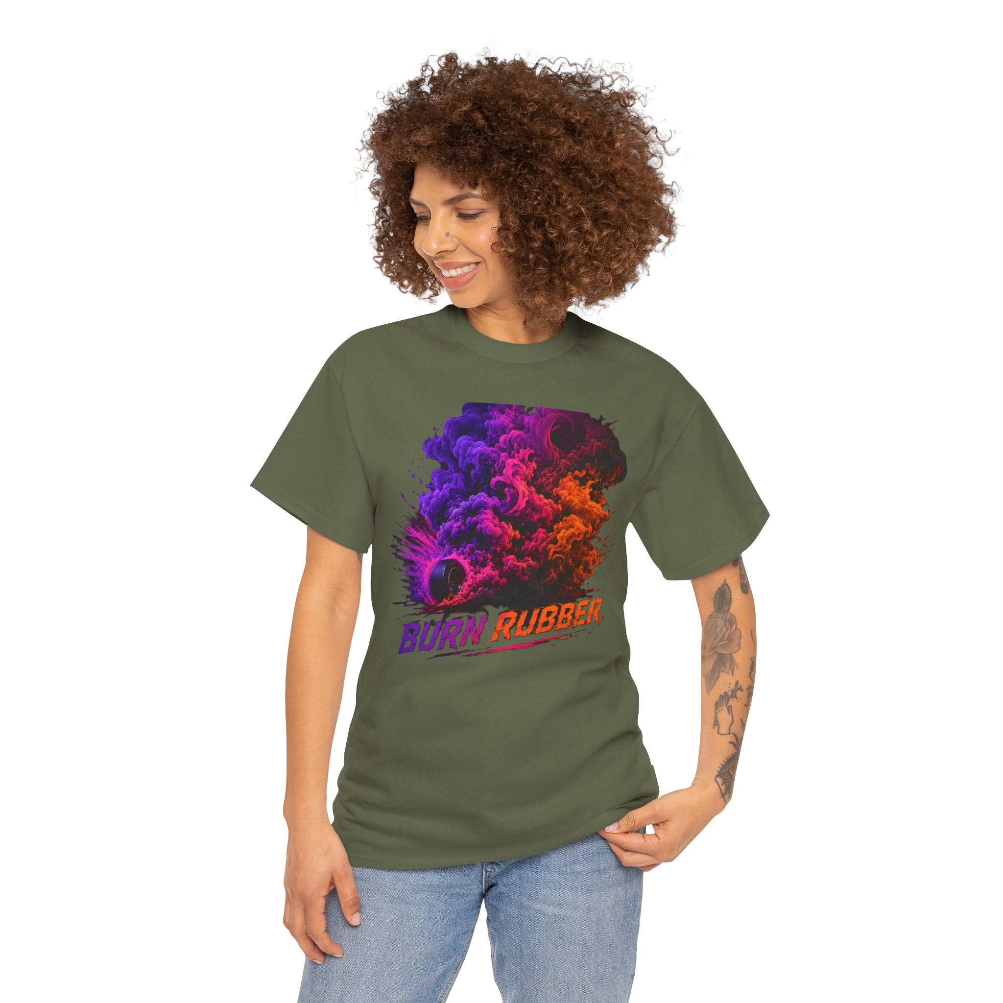 Burn Rubber T-Shirt | Tire Smoke Burnout Graphic Tee | Colorful Drift Racing Shirt | Car Culture Street Racing Art