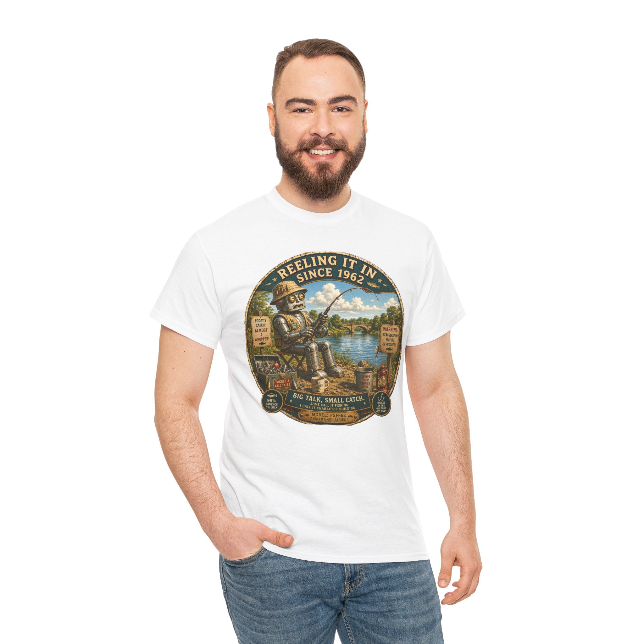 Reeling It In Since 1962 T-Shirt — Funny Robot Angler Graphic Tee