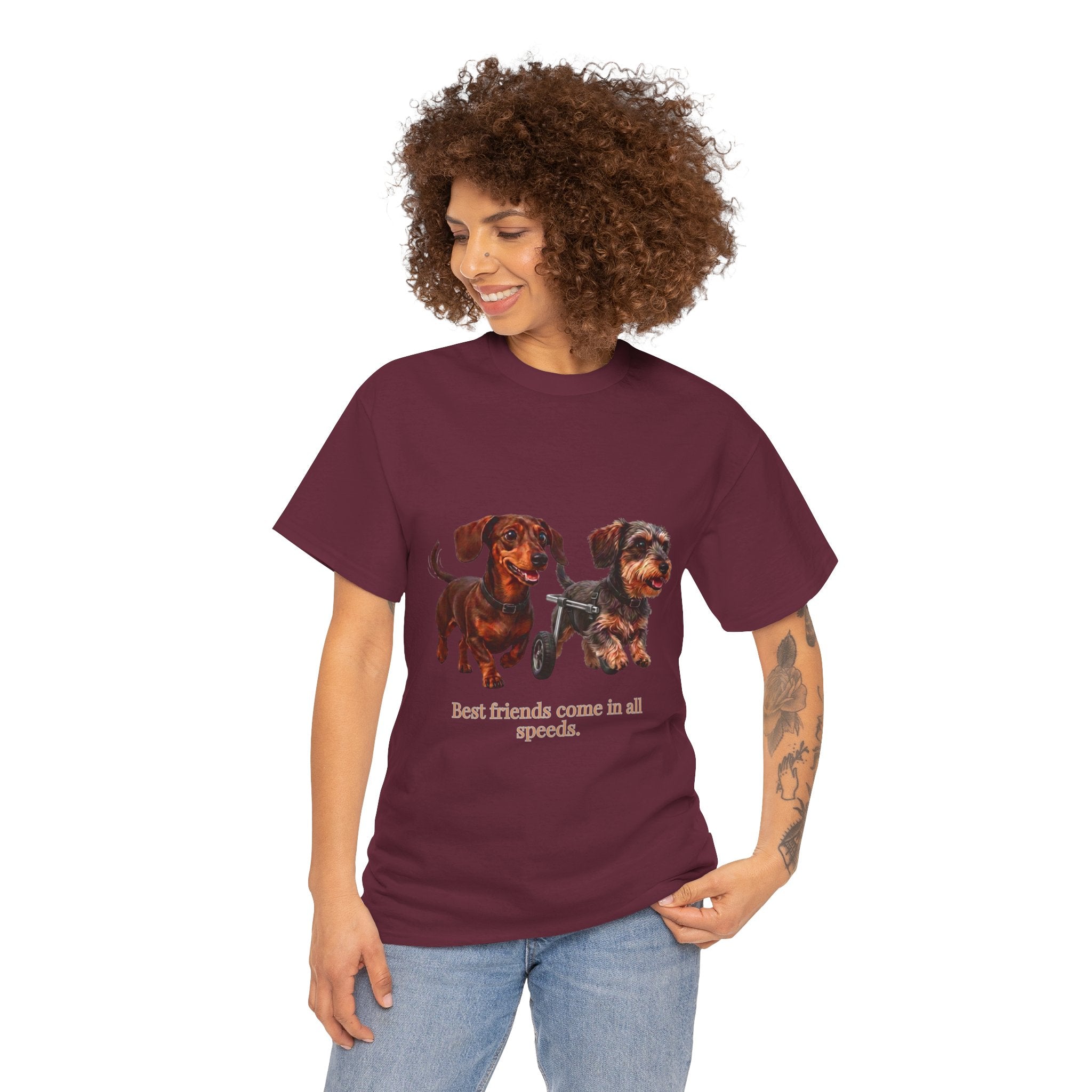 Dachshund Friends T-Shirt — Best Friends Roll Together | Cute Dachshund Mobility Dog Tee | Heartwarming Furry Friends Graphic T-Shirt