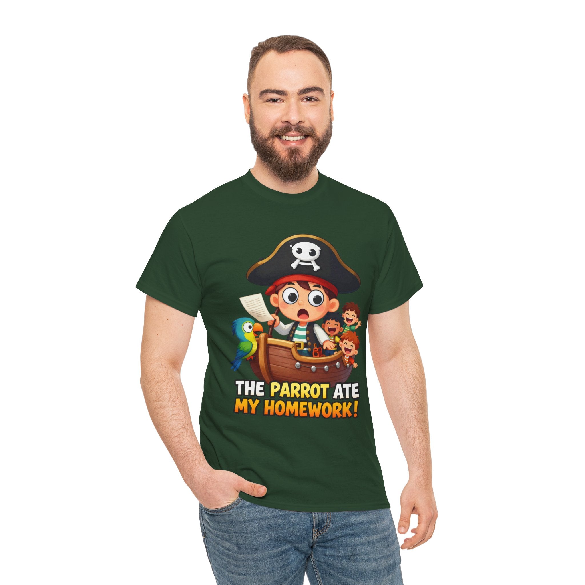 The Parrot Ate My Homework T-Shirt – Funny Pirate School Excuse Cartoon | Kids Pirate Humour Graphic Tee