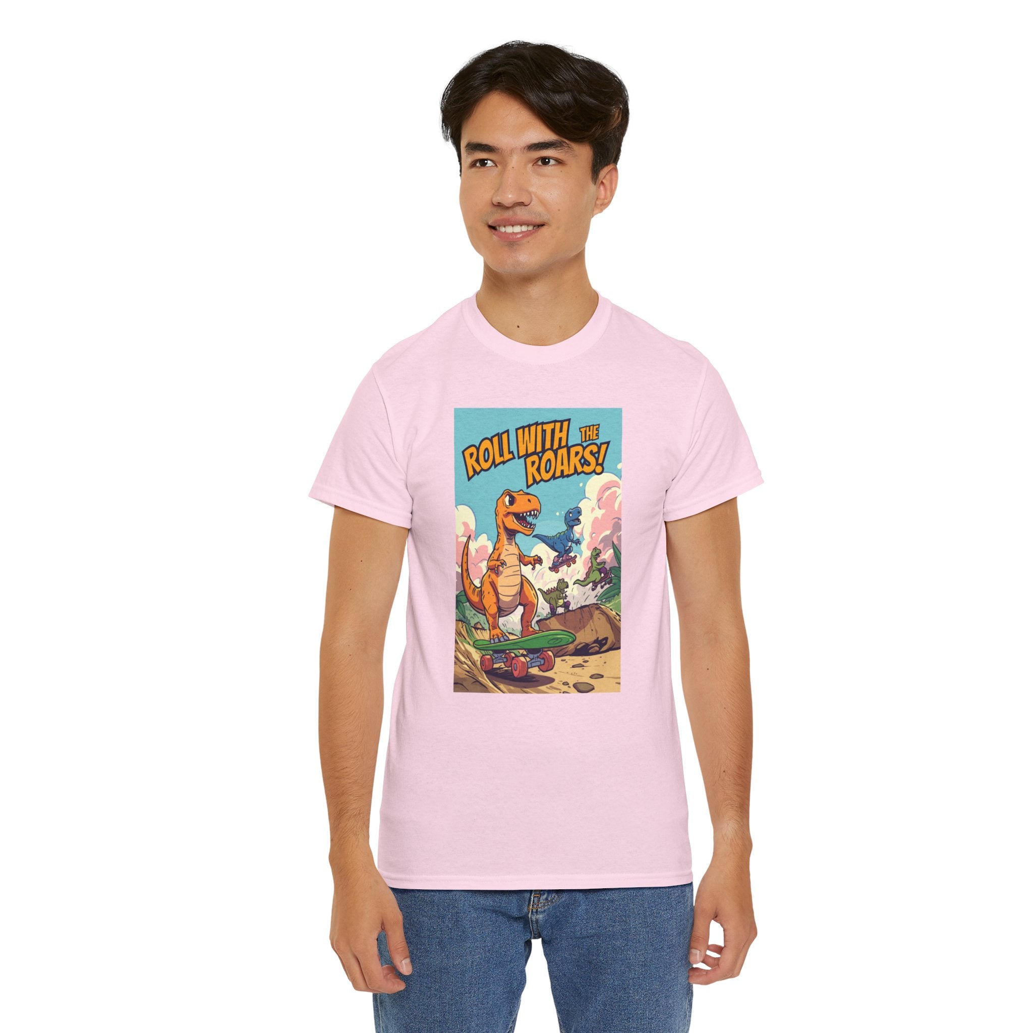 Roll With The Roars T-Shirt | Skateboarding T-Rex Pack Jungle Design | Funny Dinosaur Graphic Tee | Cartoon Fun Collection