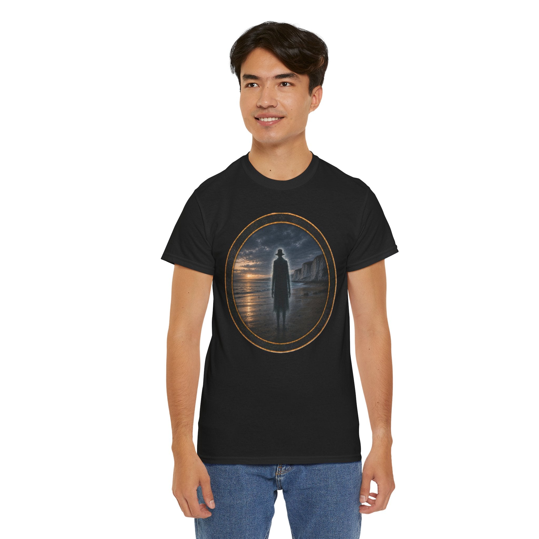 The Watcher on the Shore - Mystic Shore Tee — Silhouette at Dusk Graphic T-Shirt