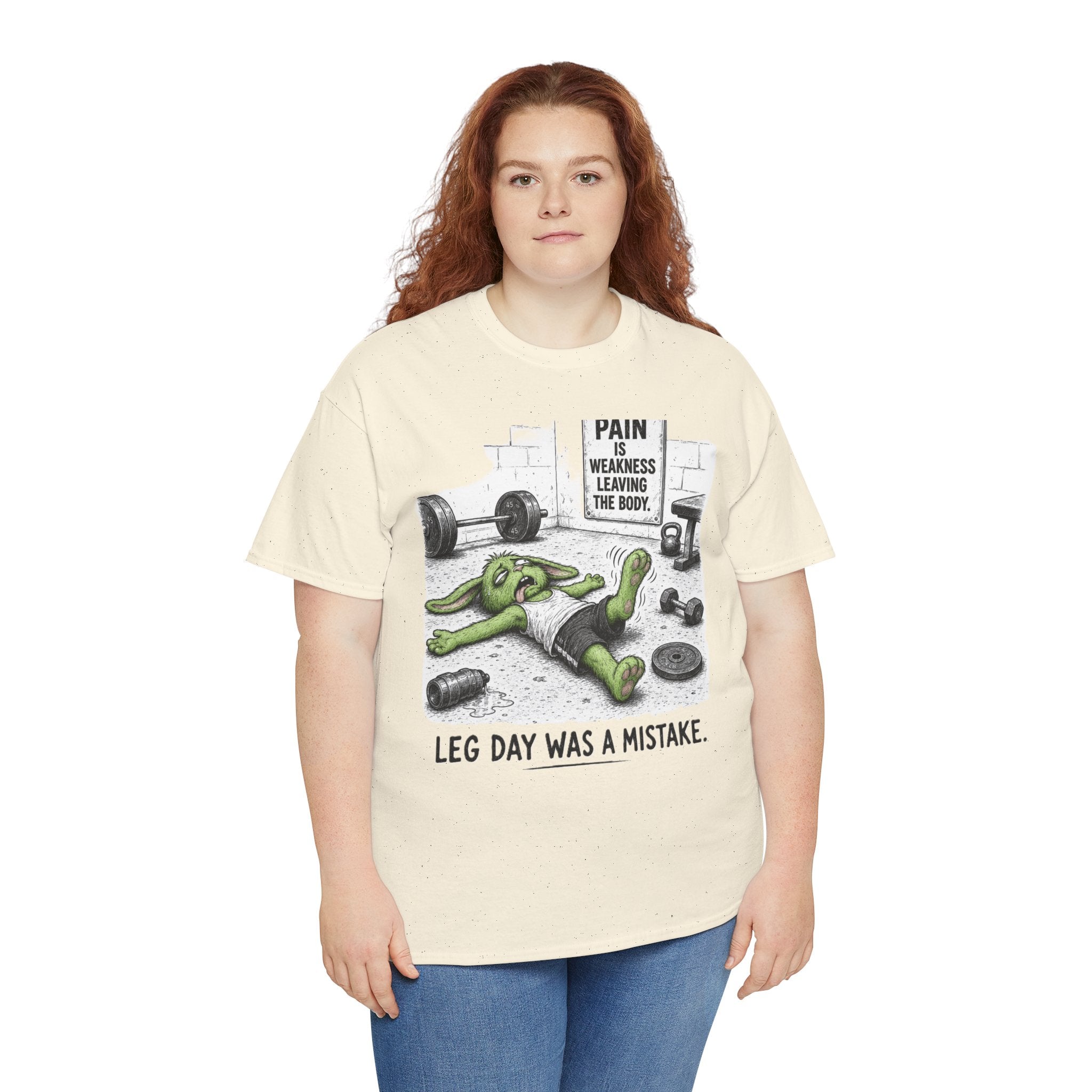 Leg Day Was a Mistake T-Shirt – Funny Gym Bunny Squat Fail | Pain Is Weakness Leaving the Body Graphic Tee