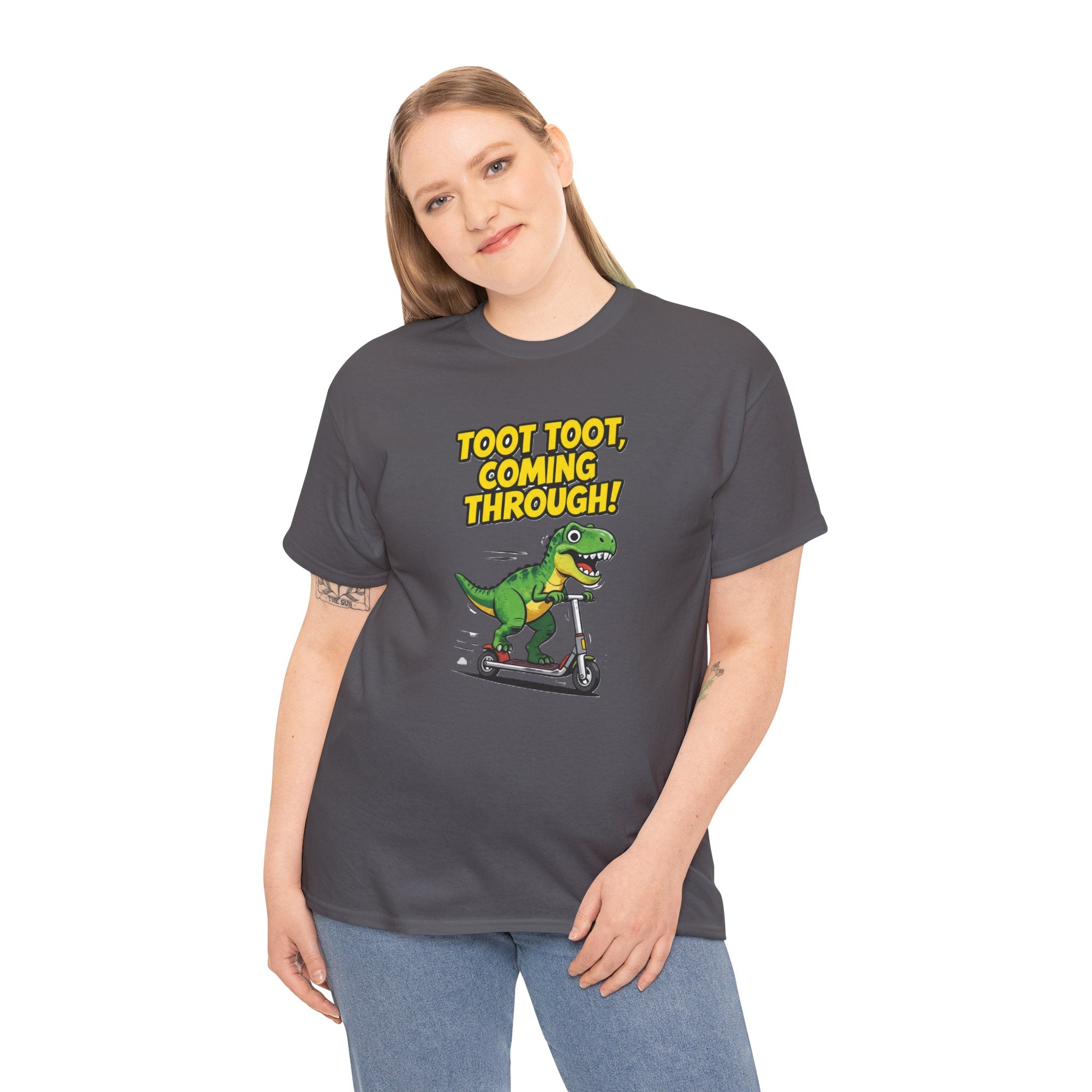 T-Rex Scooter Tee - "Toot Toot, Coming Through!" Funny Dino Graphic T-Shirt