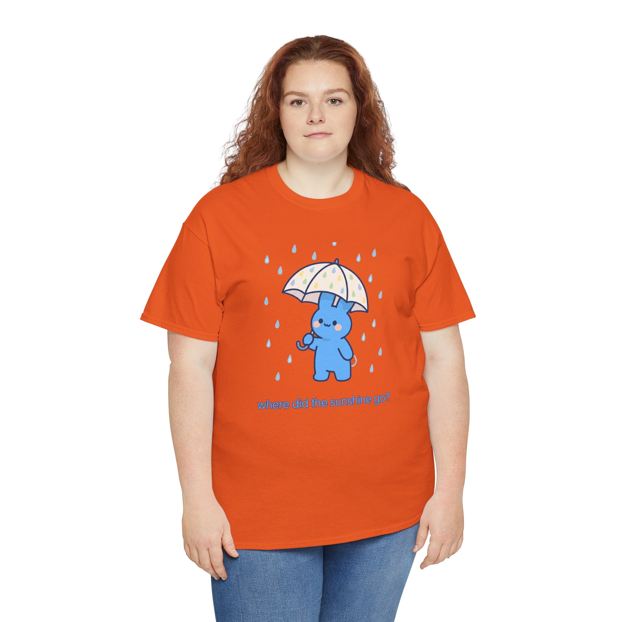 Cute Blue Bunny Tee — "Where Did the Sunshine Go?" Rainy Day Graphic T-Shirt - Where did the sunshine go? 🌧️🐰 Our little blue bunny is braving the rain with the cutest polka dot umbrella
