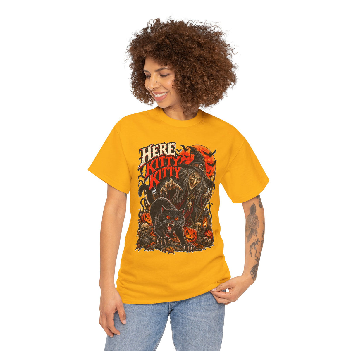 Here Kitty Kitty: Witch and Black Cat Halloween T-Shirt