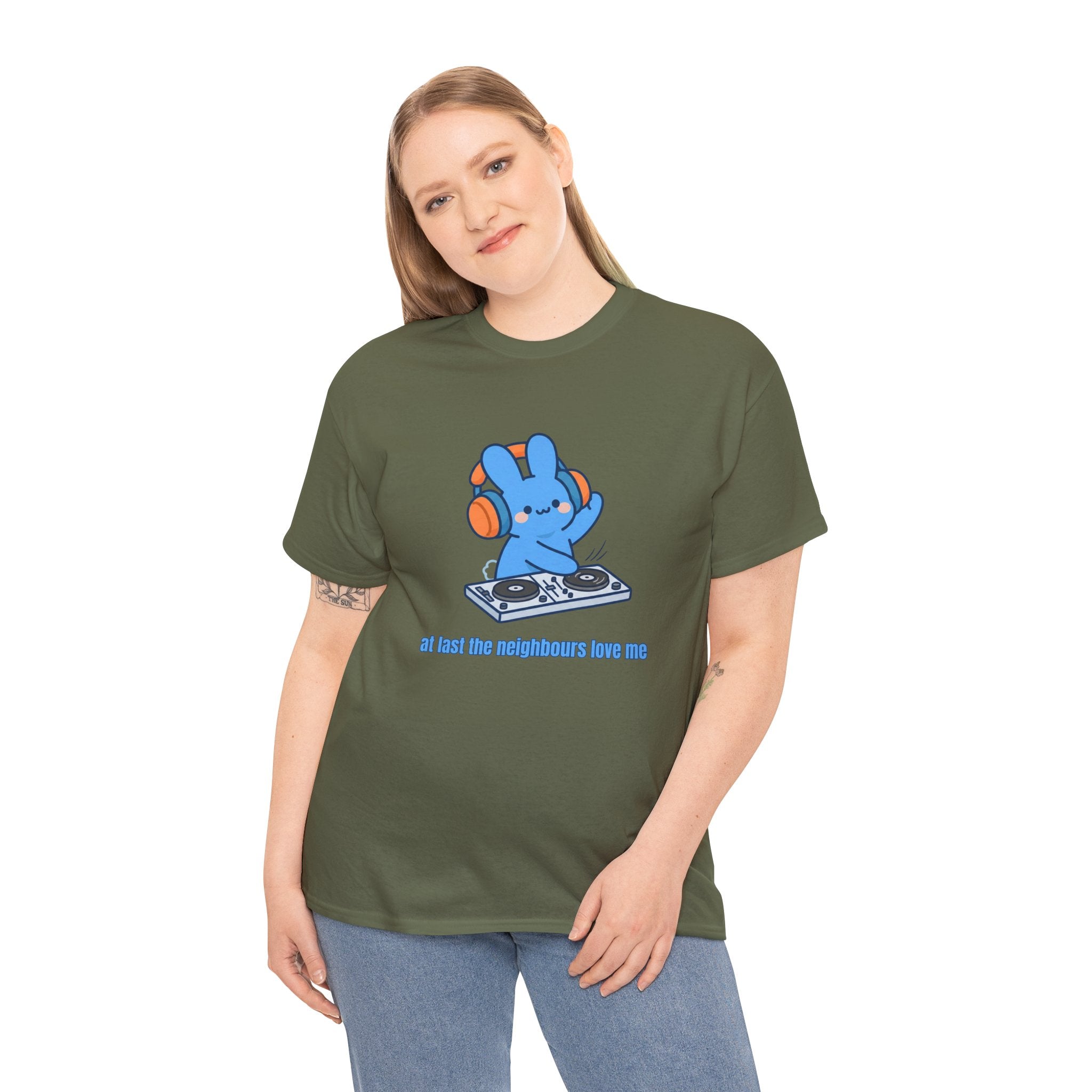 DJ Bunny T‑Shirt — "At least the neighbors love me" Cute Bunny DJ Graphic Tee - Do Not Disturb – Cute Kawaii Bunny Music Headphones Cartoon Graphic T-Shirt