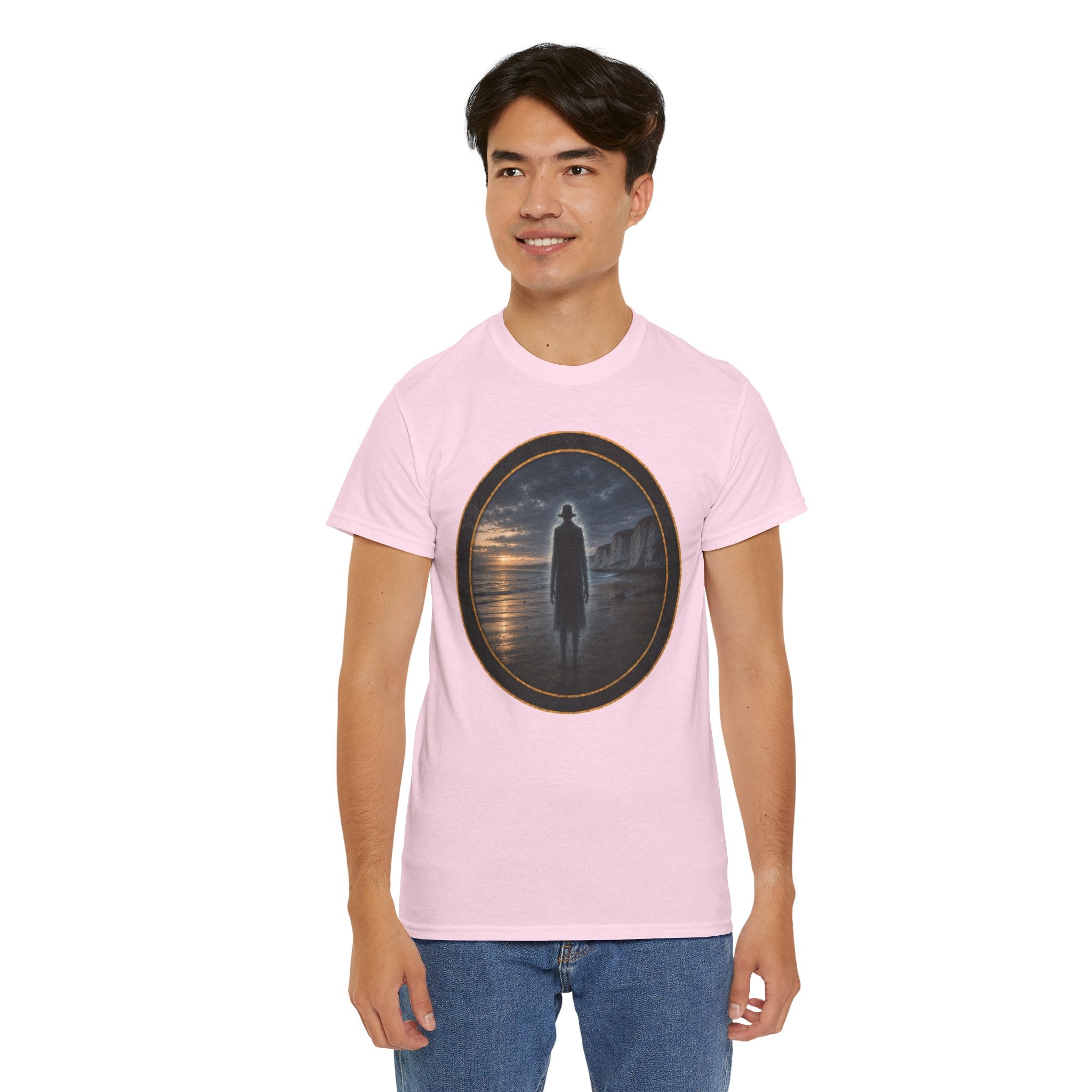 The Watcher on the Shore - Mystic Shore Tee — Silhouette at Dusk Graphic T-Shirt